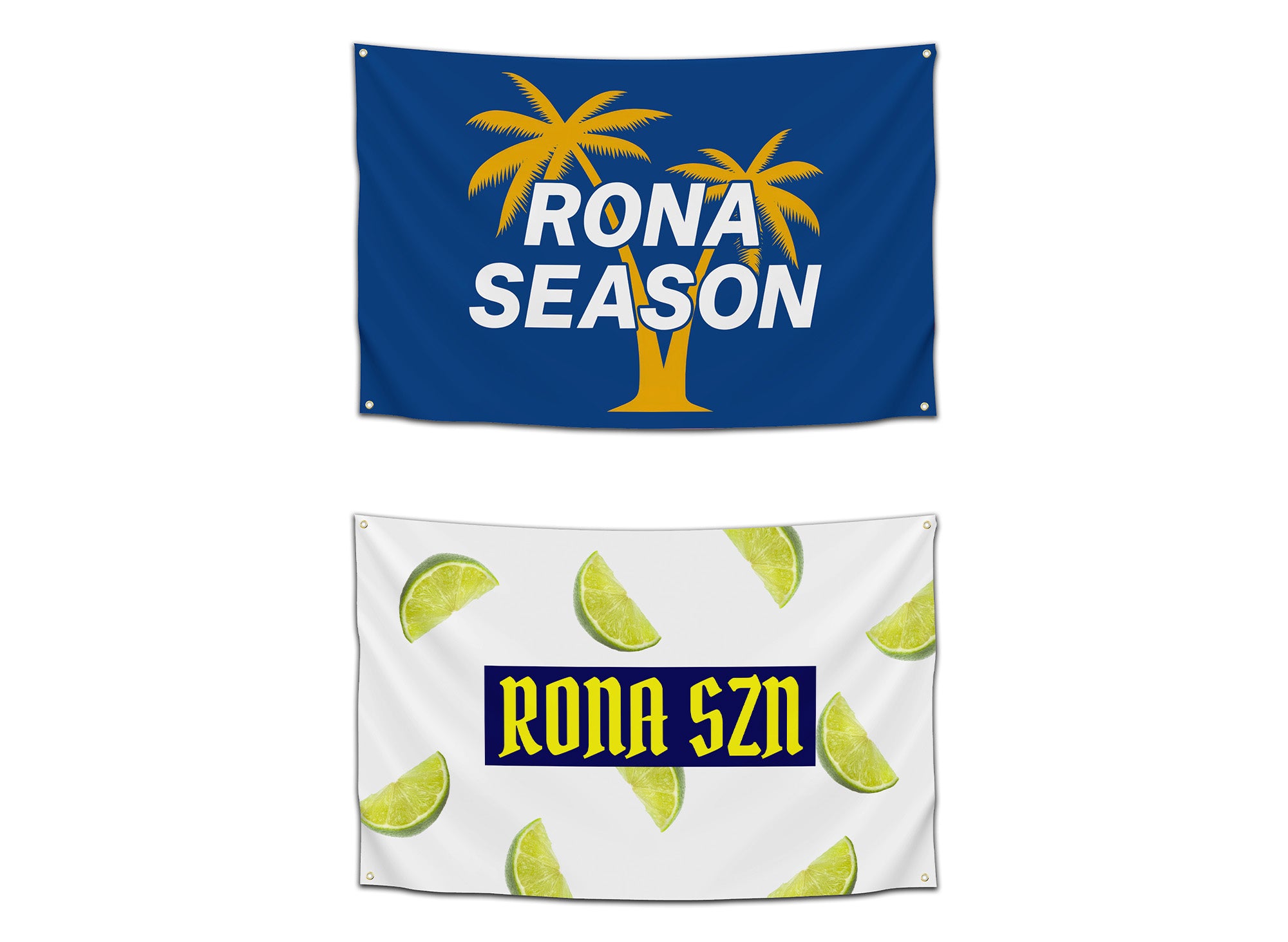 Two “Rona SZN” flags displayed together — one featuring bold white text with yellow palm trees on a blue background reading “Rona Season,” and another with yellow gothic lettering surrounded by lime wedges on a white background. Funny tropical beer-themed dorm flags for college party decor by CollegeWares.