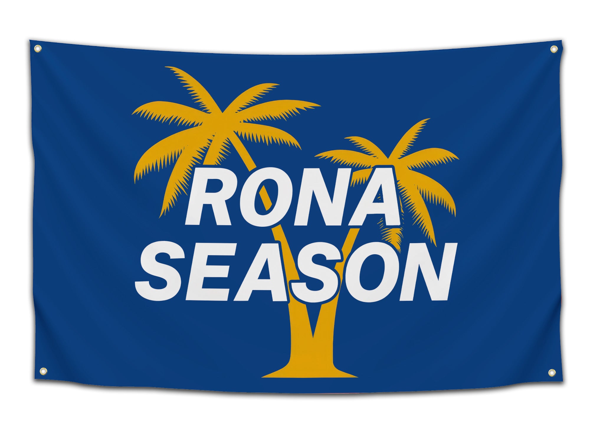 Blue flag with bold white text that says “Rona Season” featuring yellow palm trees — funny beach-themed dorm banner for party lovers and beer drinkers from CollegeWares.
