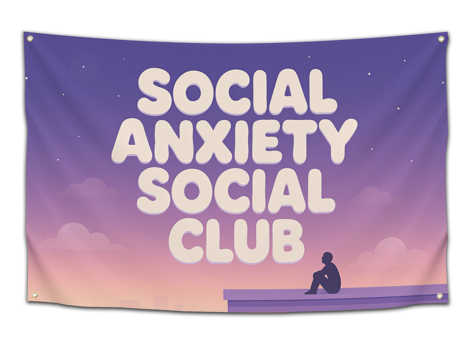 Purple and pink gradient flag with large bubble text reading “Social Anxiety Social Club” and a small silhouette sitting alone — funny relatable dorm flag for introverts from CollegeWares.
