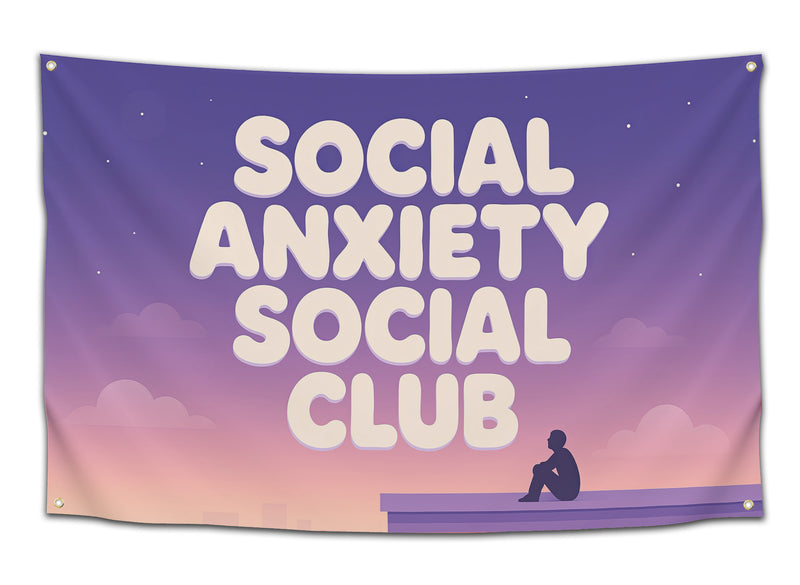 Purple and pink gradient flag with large bubble text reading “Social Anxiety Social Club” and a small silhouette sitting alone — funny relatable dorm flag for introverts from CollegeWares.