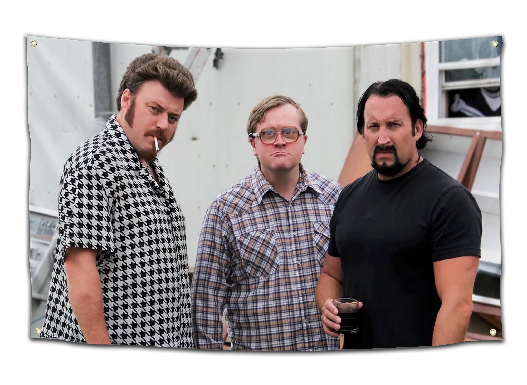 Flag featuring Ricky, Bubbles, and Julian from Trailer Park Boys standing in front of a trailer with deadpan expressions — perfect funny dorm flag or meme decor for stoners and party fans from CollegeWares.
