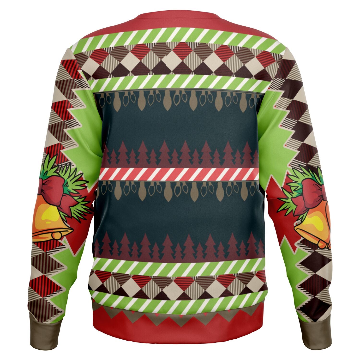 ack view of red and green Christmas sweater with holiday bells and pattern, no text or central graphic — playful and festive from CollegeWares.