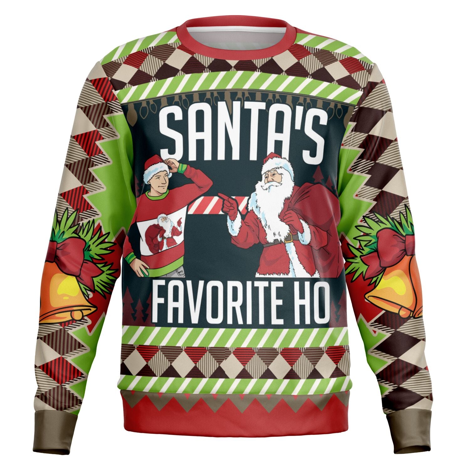 Red and green Christmas sweater with Santa pointing at a man in a matching sweater and “Santa’s Favorite Ho” text — humorous holiday design from CollegeWares.