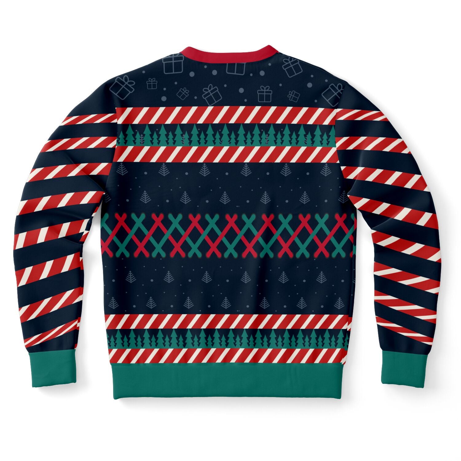 Back view of navy blue sweater with gift icons, red and green cross-stitch accents, and no main text — festive parody from CollegeWares.