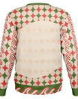 Back view of cream and red holiday sweater with playful pattern and no text — colorful holiday partywear from CollegeWares.
