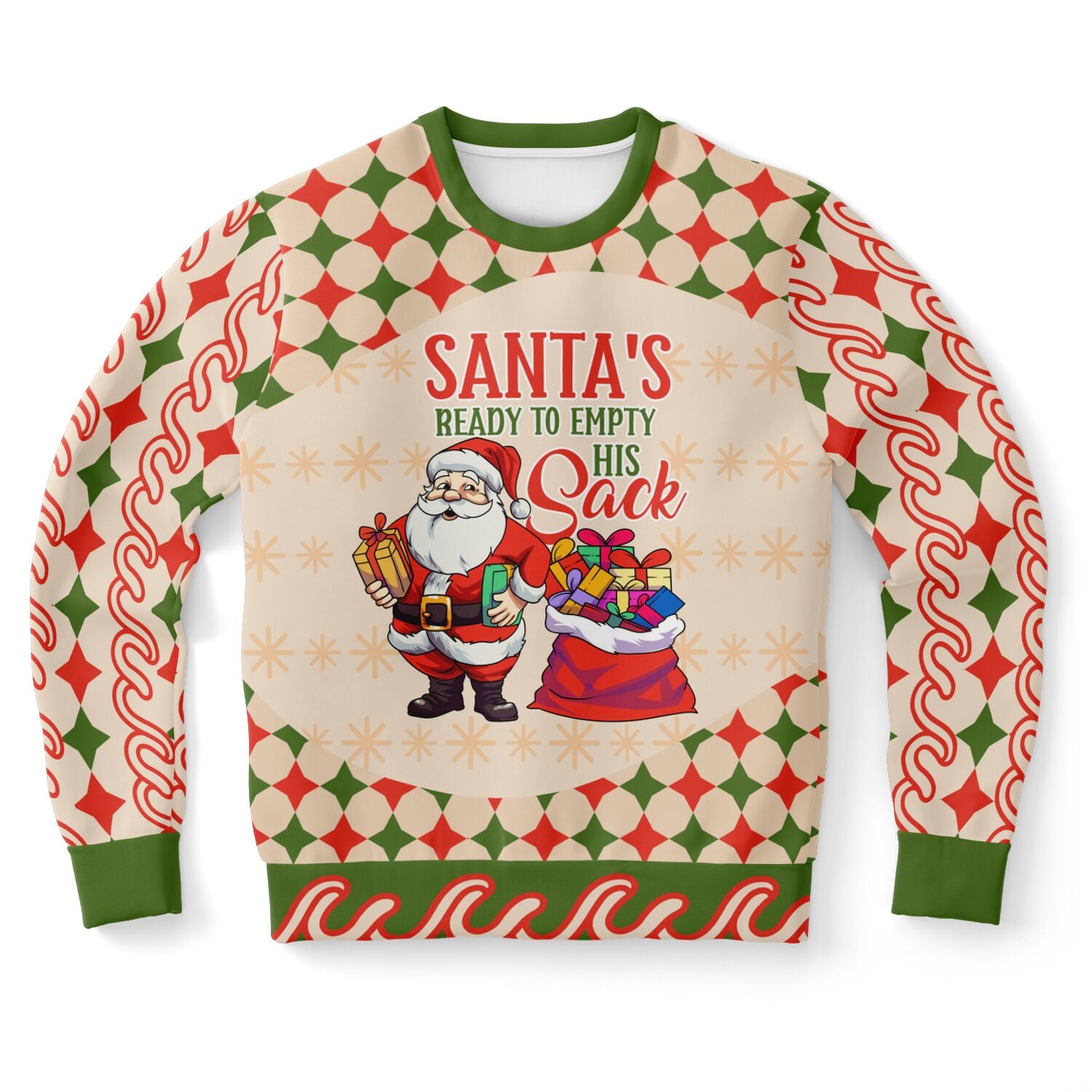 Cream and red holiday sweater with Santa holding presents and the slogan “Santa’s Ready to Empty His Sack” — naughty festive humor from CollegeWares.