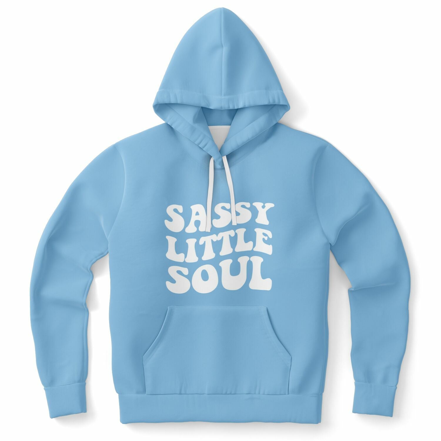 Blue hoodie with bold white phrase “SASSY LITTLE SOUL” in big bubbly letters — sweet with a savage twist from CollegeWares.
