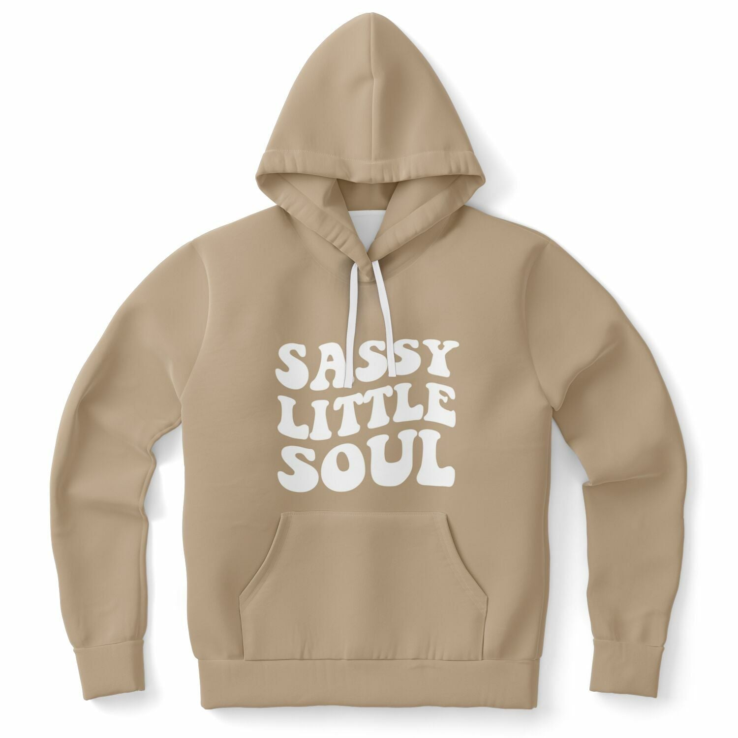 Brown hoodie with bold white text reading “SASSY LITTLE SOUL” in retro bubble letters — soft sass and spicy personality energy from CollegeWares.