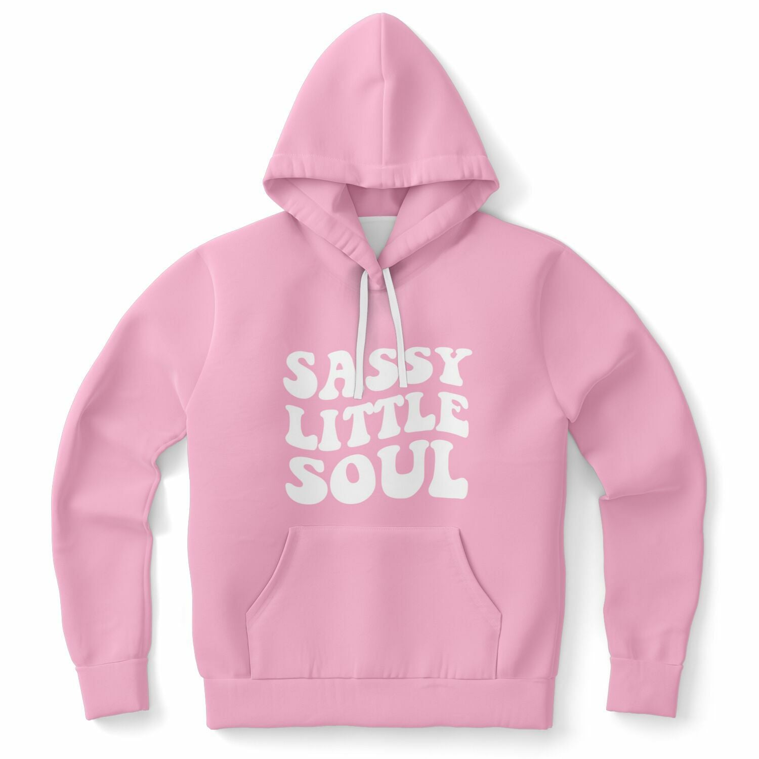 Pink hoodie featuring white bubble text that says “SASSY LITTLE SOUL” across the front — girly, flirty, and full of attitude from CollegeWares.