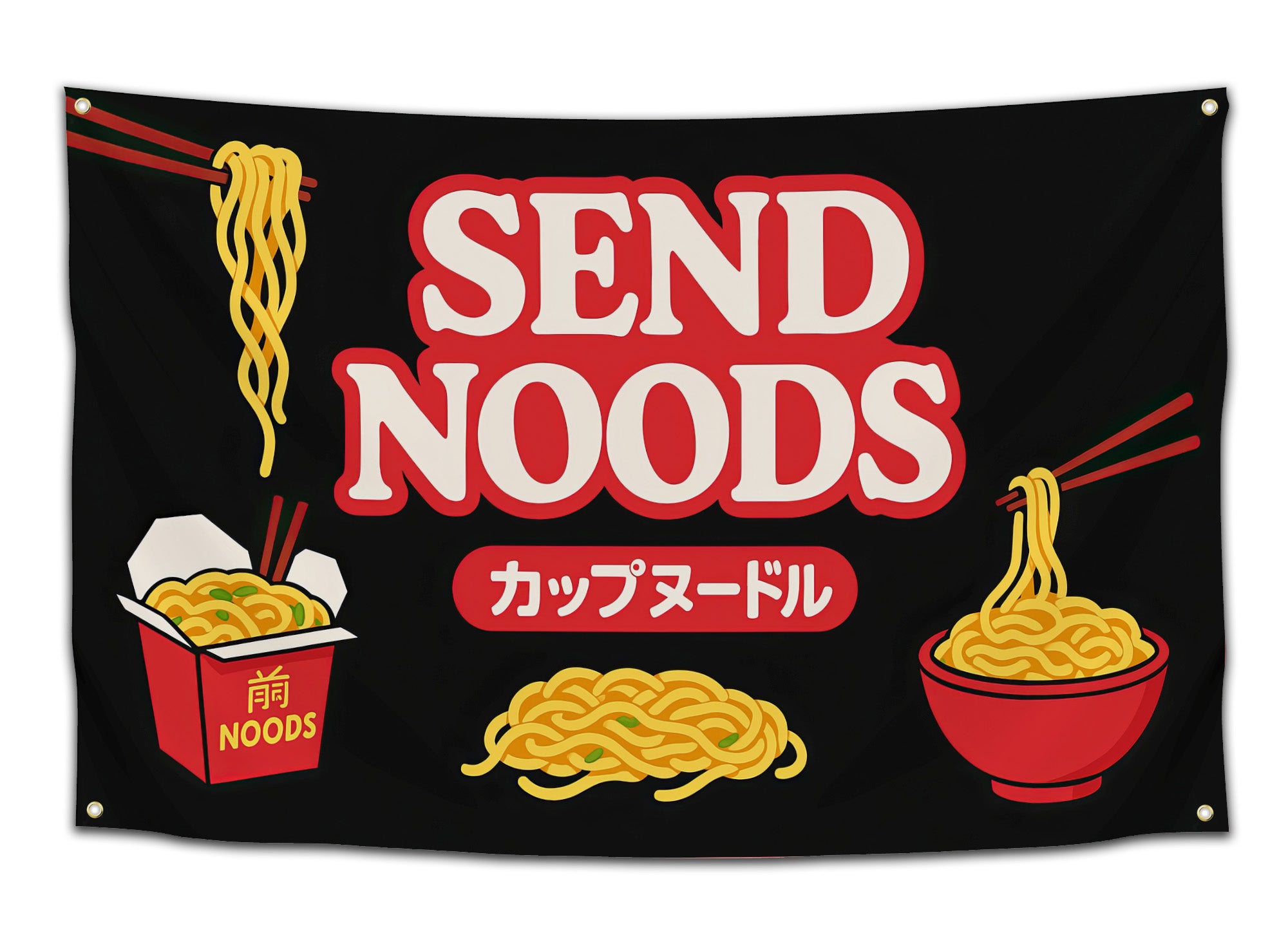 Funny black flag with bold red and cream text that says “Send Noods,” featuring cartoon noodles, chopsticks, and takeout box art — hilarious college dorm banner for ramen fans from CollegeWares.