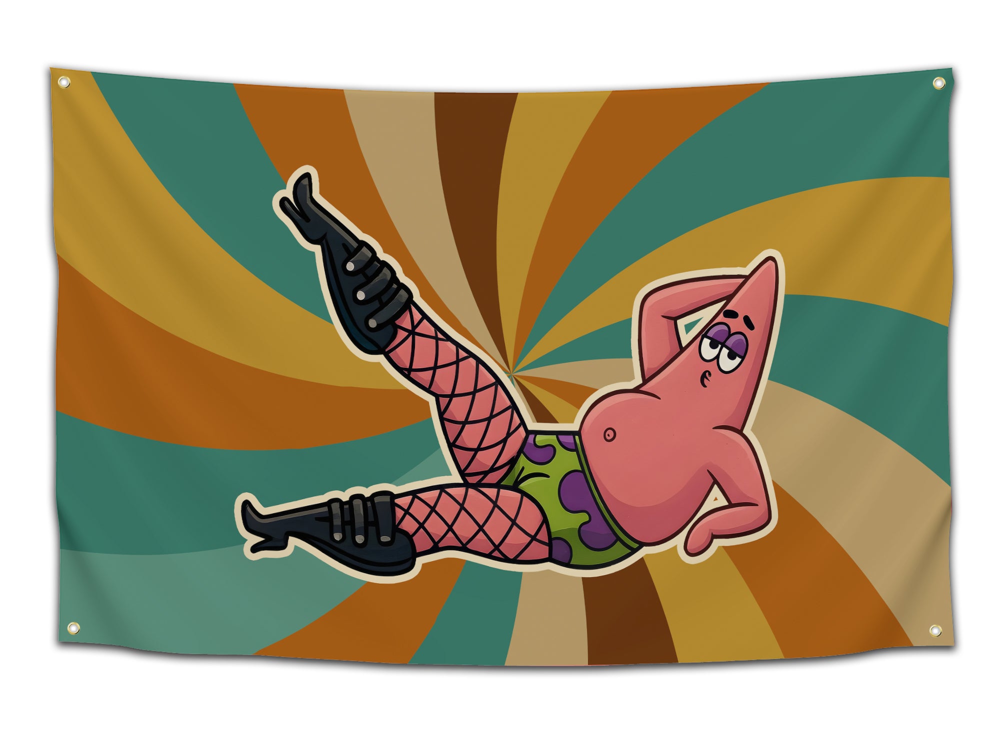 Funny college flag featuring a pink cartoon star character wearing fishnets and high heels against a retro swirl background in shades of teal, gold, and brown. This TV inspired meme wall decor brings bold internet humor to dorm rooms, student apartments, and college spaces as a funny dorm flag from CollegeWares.
