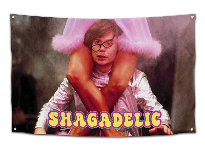 Funny college flag featuring Austin Powers in a classic movie scene with the word “Shagadelic” displayed in colorful retro bubble lettering. This pop culture inspired meme wall decor brings nostalgic humor to dorm rooms, student apartments, and college spaces as a funny dorm flag from CollegeWares.