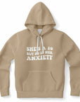 Brown hoodie with bold white text reading “She’s a 10 But So Is Her Anxiety” — funny, relatable hoodie for anxious baddies from CollegeWares.