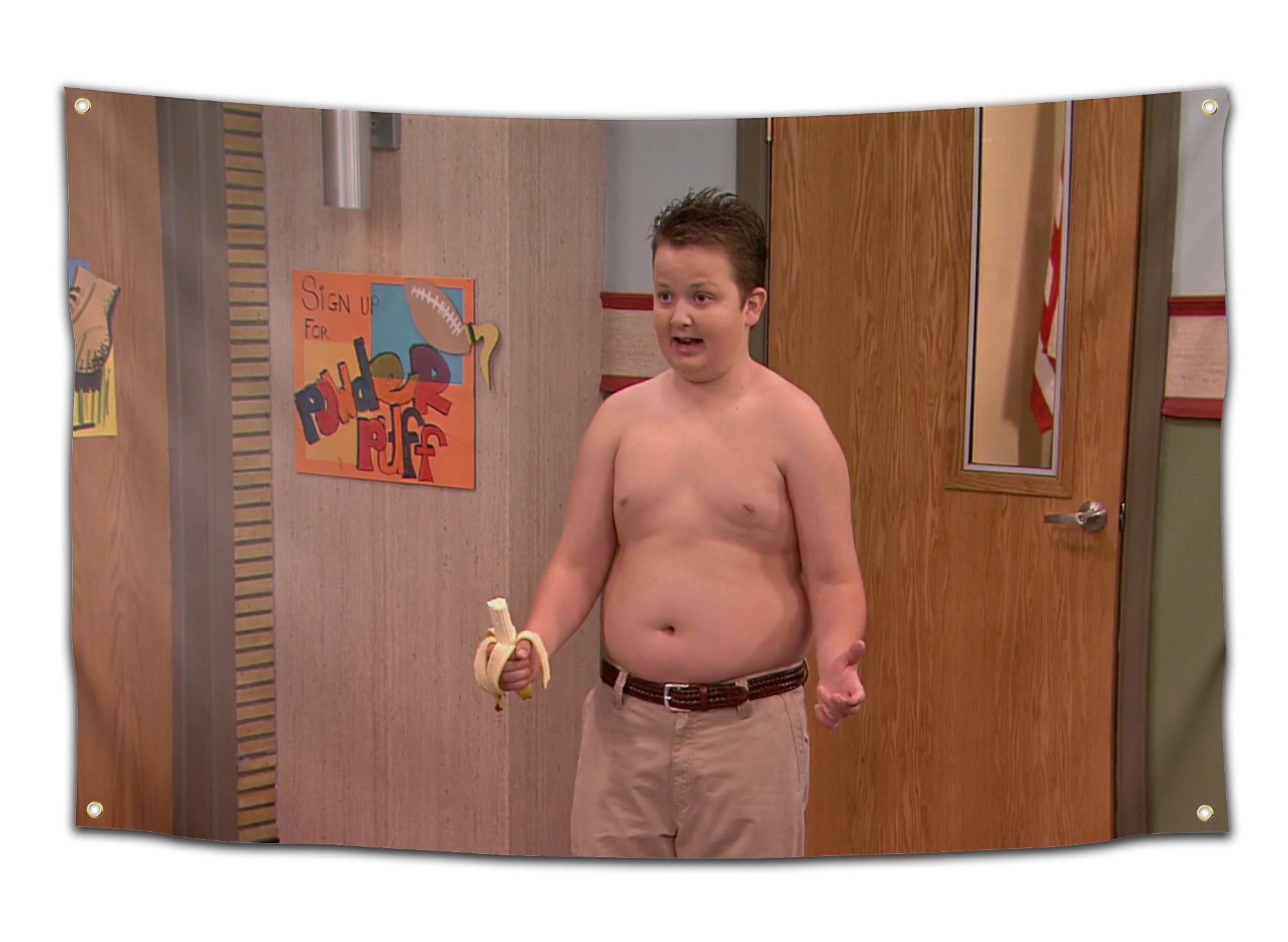 Flag featuring shirtless Gibby from iCarly holding a banana in a school hallway — meme flag from CollegeWares.