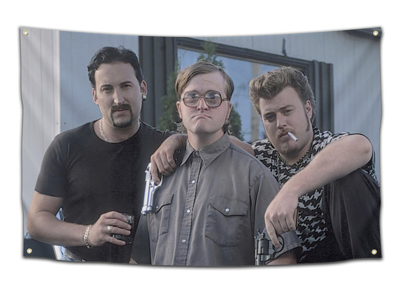 Flag featuring Julian, Bubbles, and Ricky from Trailer Park Boys holding drinks and prop guns outside a trailer — wild stoner wall art and funny dorm flag for fans of chaos and memes by CollegeWares.