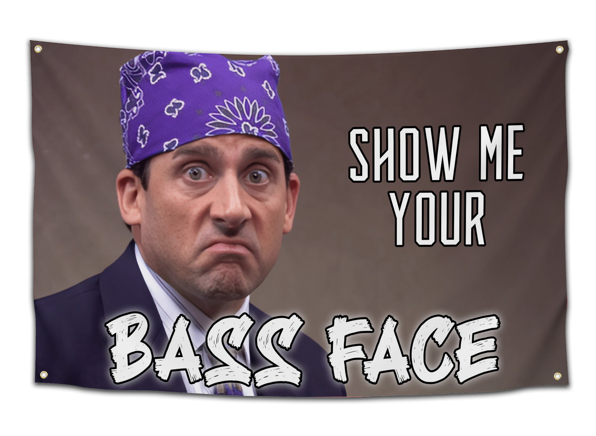 Funny rave flag with text “Show Me Your Bass Face” and a serious man wearing a purple bandana making an exaggerated expression — perfect EDM and festival meme decor from CollegeWares.