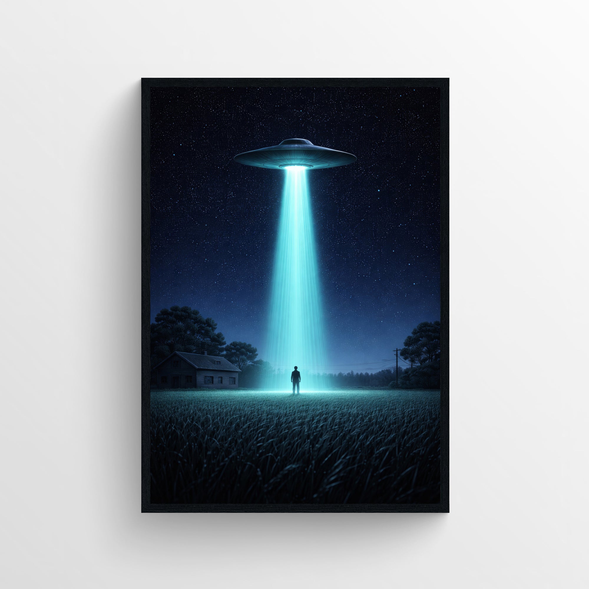 Trippy wall poster featuring a surreal UFO beam illuminating a lone figure in a nighttime field—cinematic aesthetic room decor and surreal art print for college rooms, apartments, and creative studios from CollegeWares.