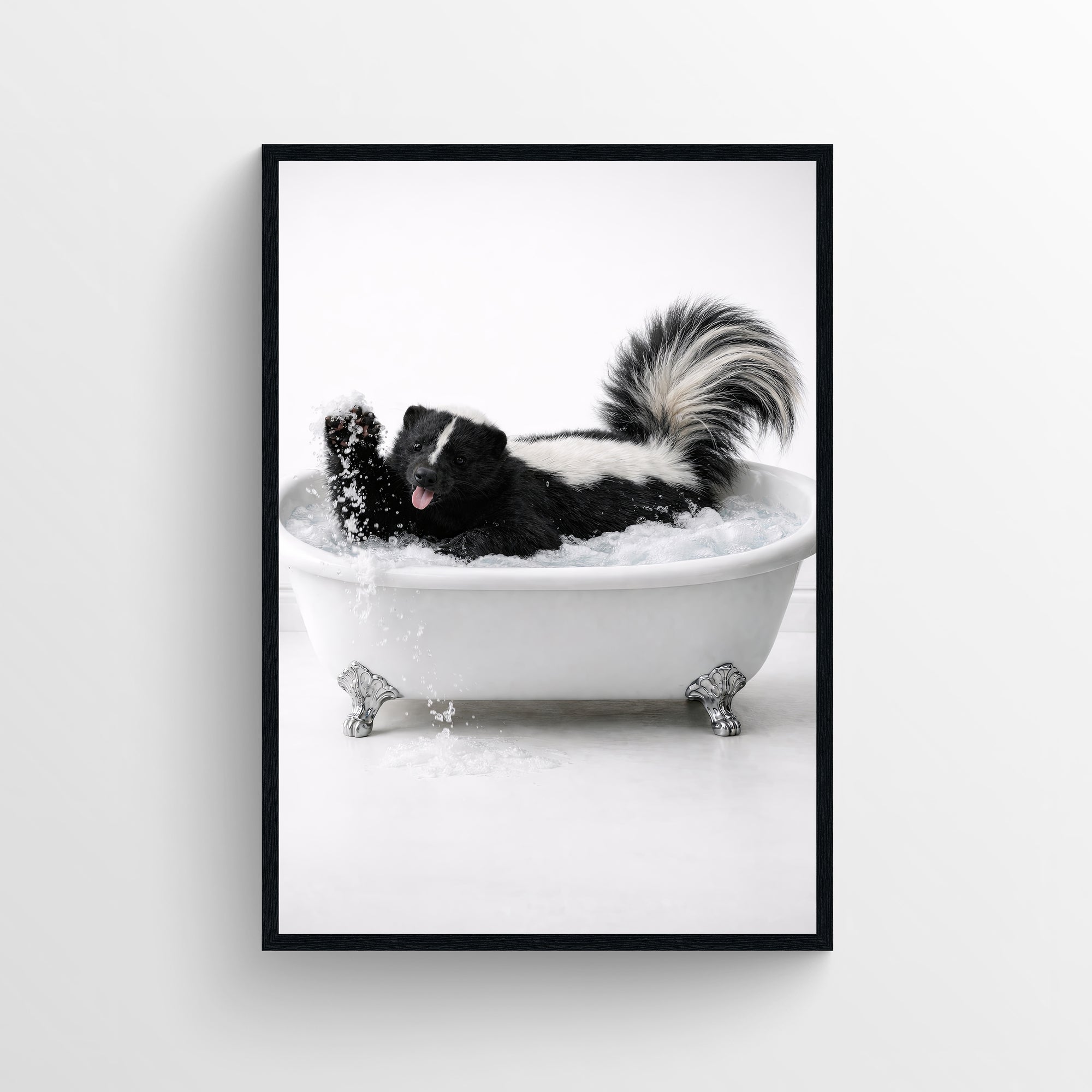 Photorealistic skunk relaxing in a clawfoot bathtub — funny bathroom poster with minimalist style for apartments and guest bathrooms, modern animal wall print at CollegeWares.