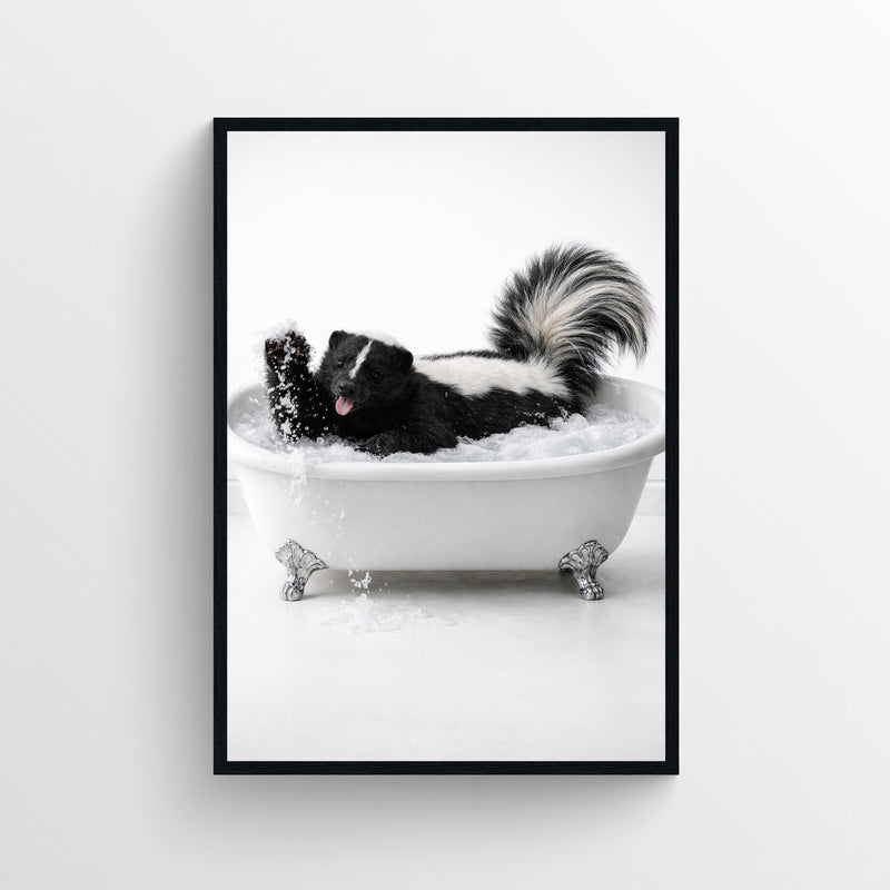 Photorealistic skunk relaxing in a clawfoot bathtub — funny bathroom poster with minimalist style for apartments and guest bathrooms, modern animal wall print at CollegeWares.