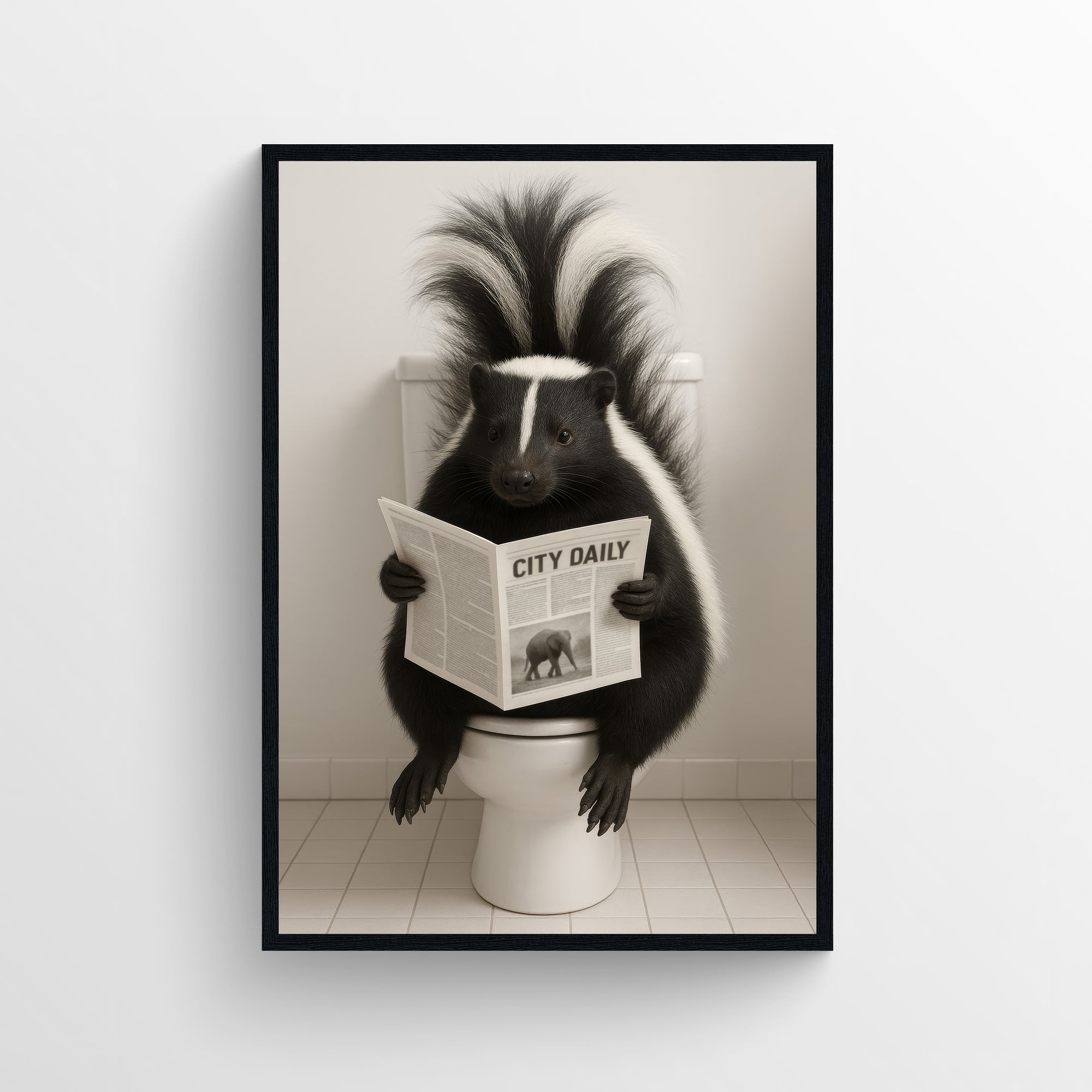 Photorealistic skunk sitting on a toilet reading a newspaper — funny bathroom poster with minimalist style for apartments and guest bathrooms, modern animal wall print from CollegeWares.