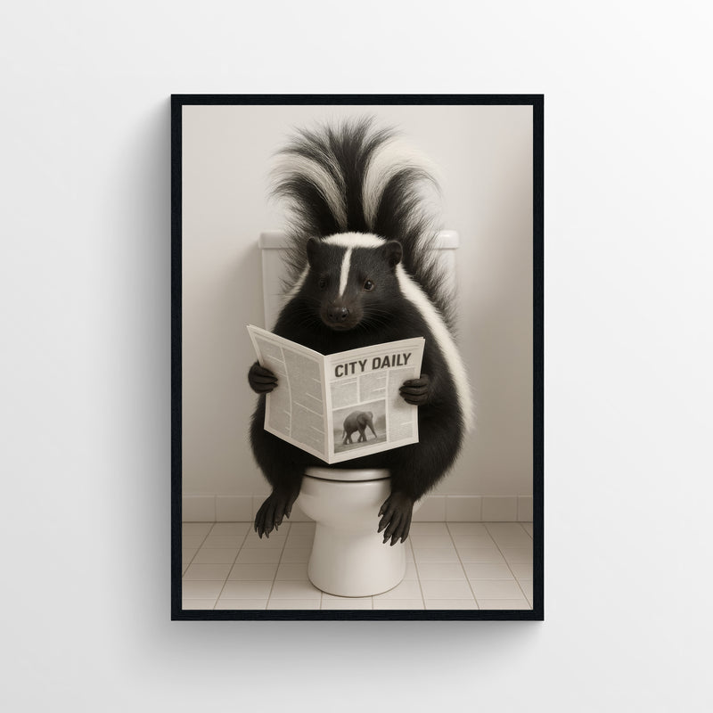 Photorealistic skunk sitting on a toilet reading a newspaper — funny bathroom poster with minimalist style for apartments and guest bathrooms, modern animal wall print from CollegeWares.
