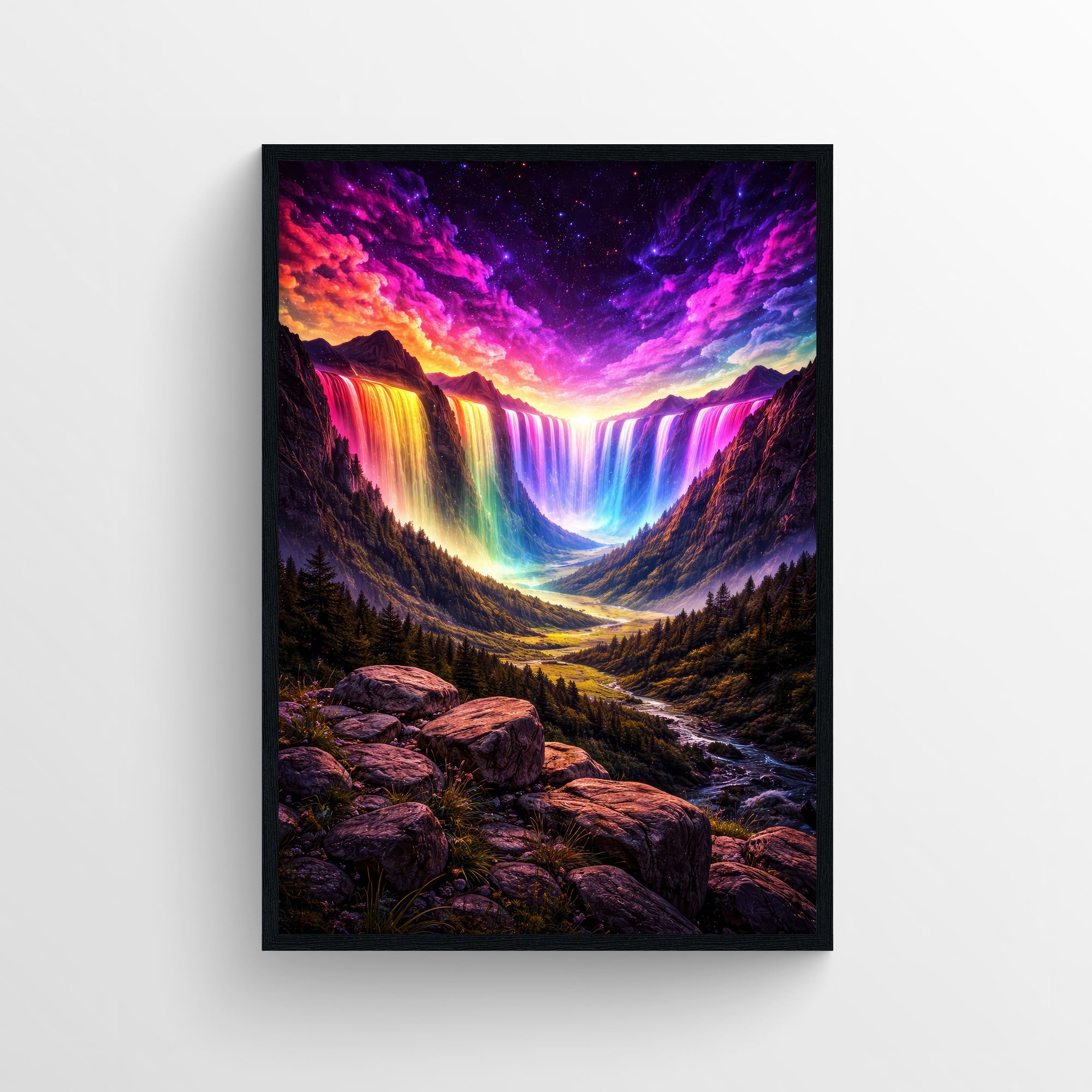Trippy wall poster with surreal rainbow waterfalls, vibrant cosmic skies, and dramatic landscape depth — aesthetic room decor and modern wall art for college rooms, apartments, and creative studios by CollegeWares.
