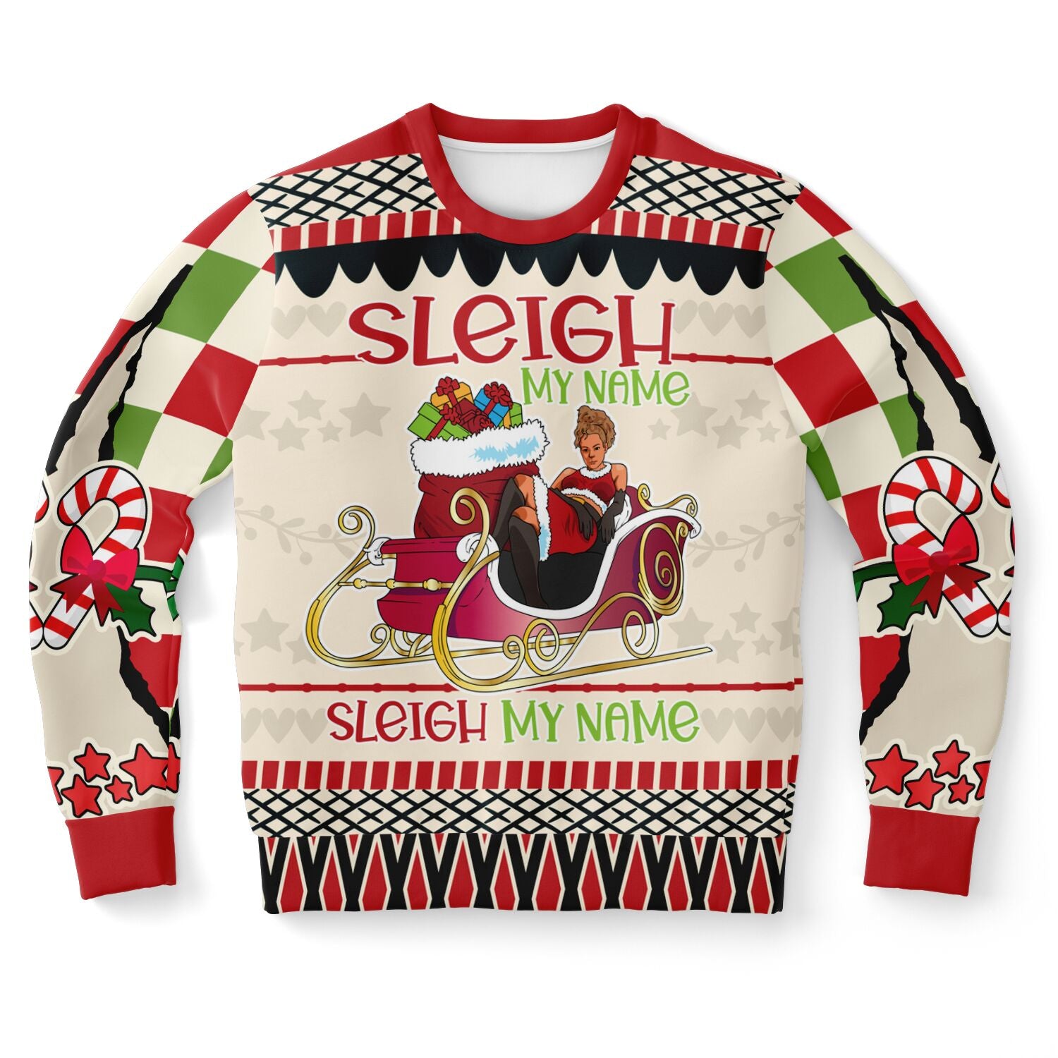 Cream and red Christmas sweater with Beyoncé parody graphic and “Sleigh My Name” text — bold and funny design from CollegeWares.