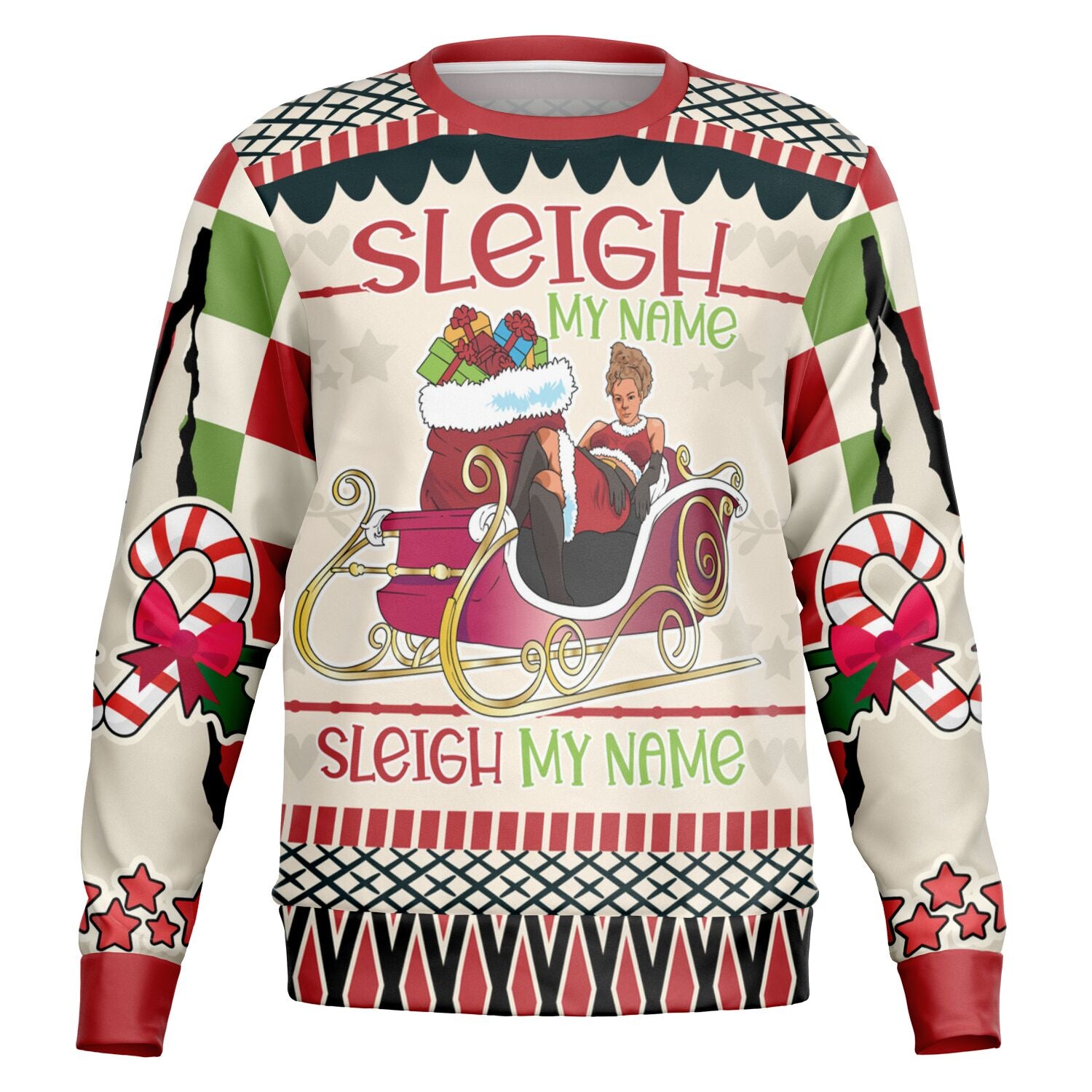 Cream and red Christmas sweater with Beyoncé parody graphic and “Sleigh My Name” text — bold and funny design from CollegeWares.