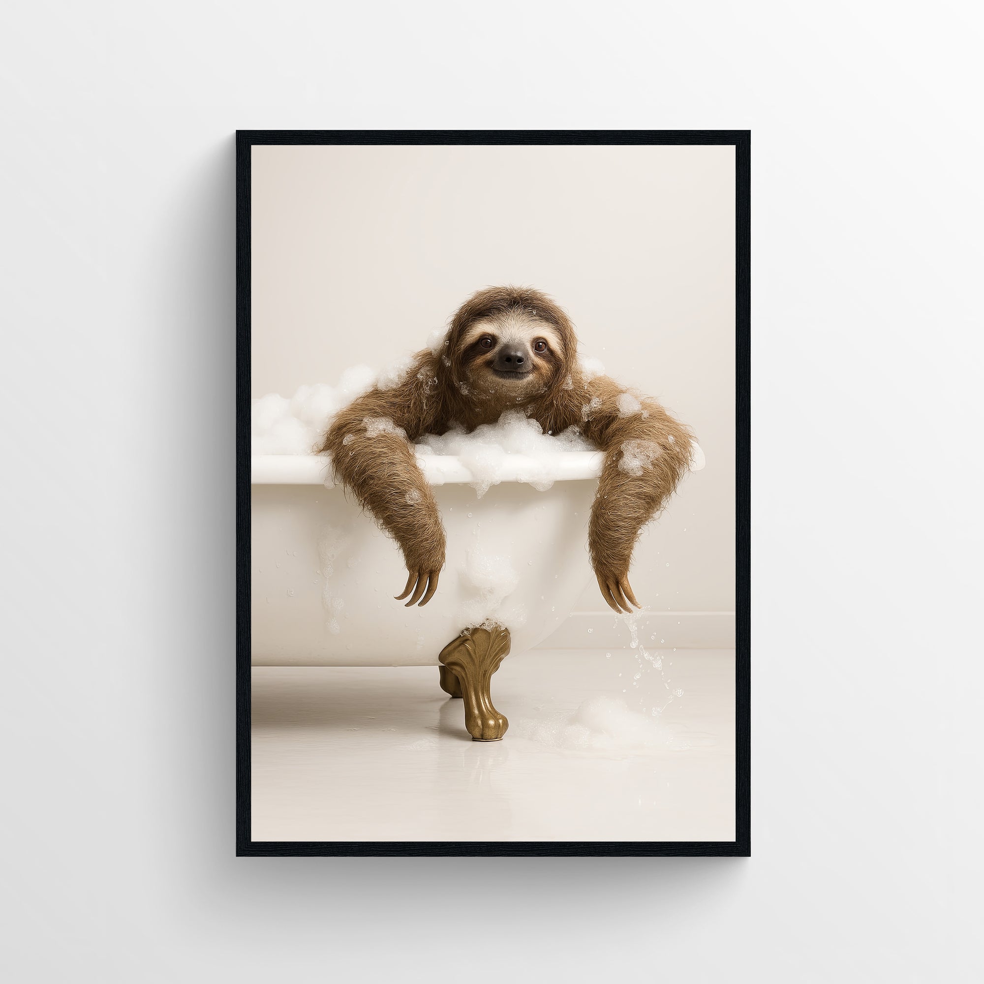 Photorealistic sloth resting in a clawfoot bathtub — funny bathroom poster with clean minimalist style for apartments and guest bathrooms, modern animal wall print from CollegeWares.