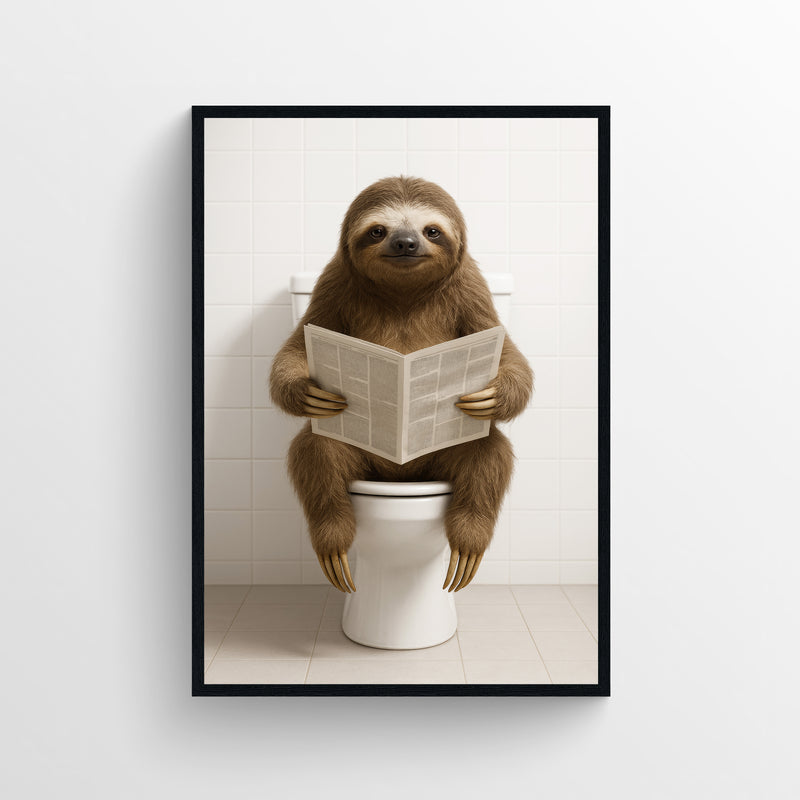 Photorealistic sloth sitting on a toilet reading a newspaper — funny bathroom poster with minimalist modern style for apartments, dorms, and guest bathrooms, animal wall print from CollegeWares.