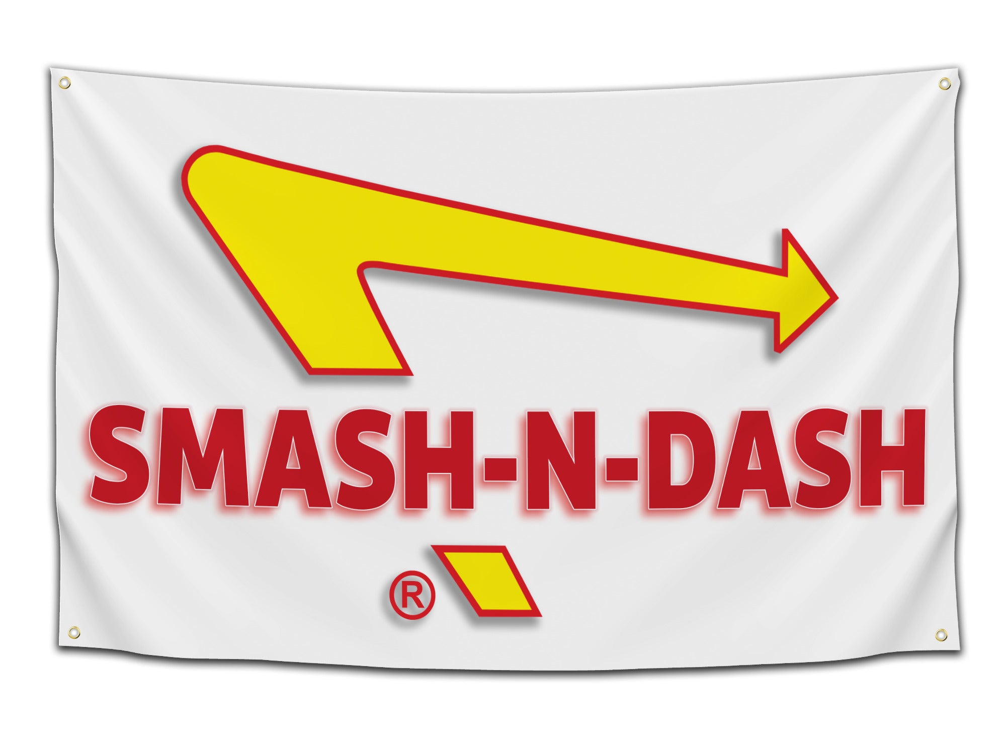 Flag featuring a parody of the In-N-Out Burger logo reading “Smash-N-Dash” with yellow and red arrows — funny food meme flag from CollegeWares.