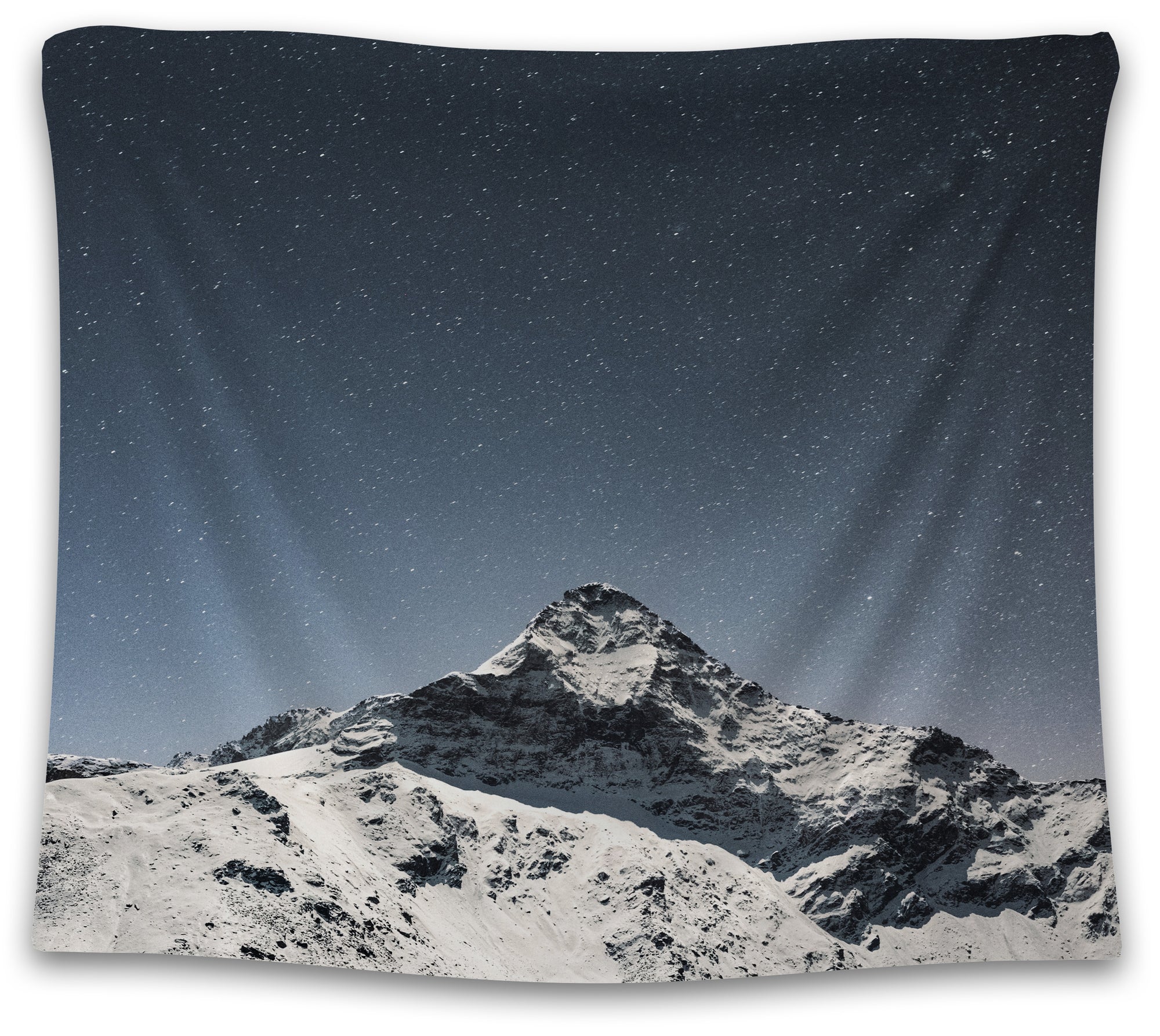 Snow-covered mountain under a sparkling night sky with stars scattered above — celestial winter tapestry from CollegeWares.