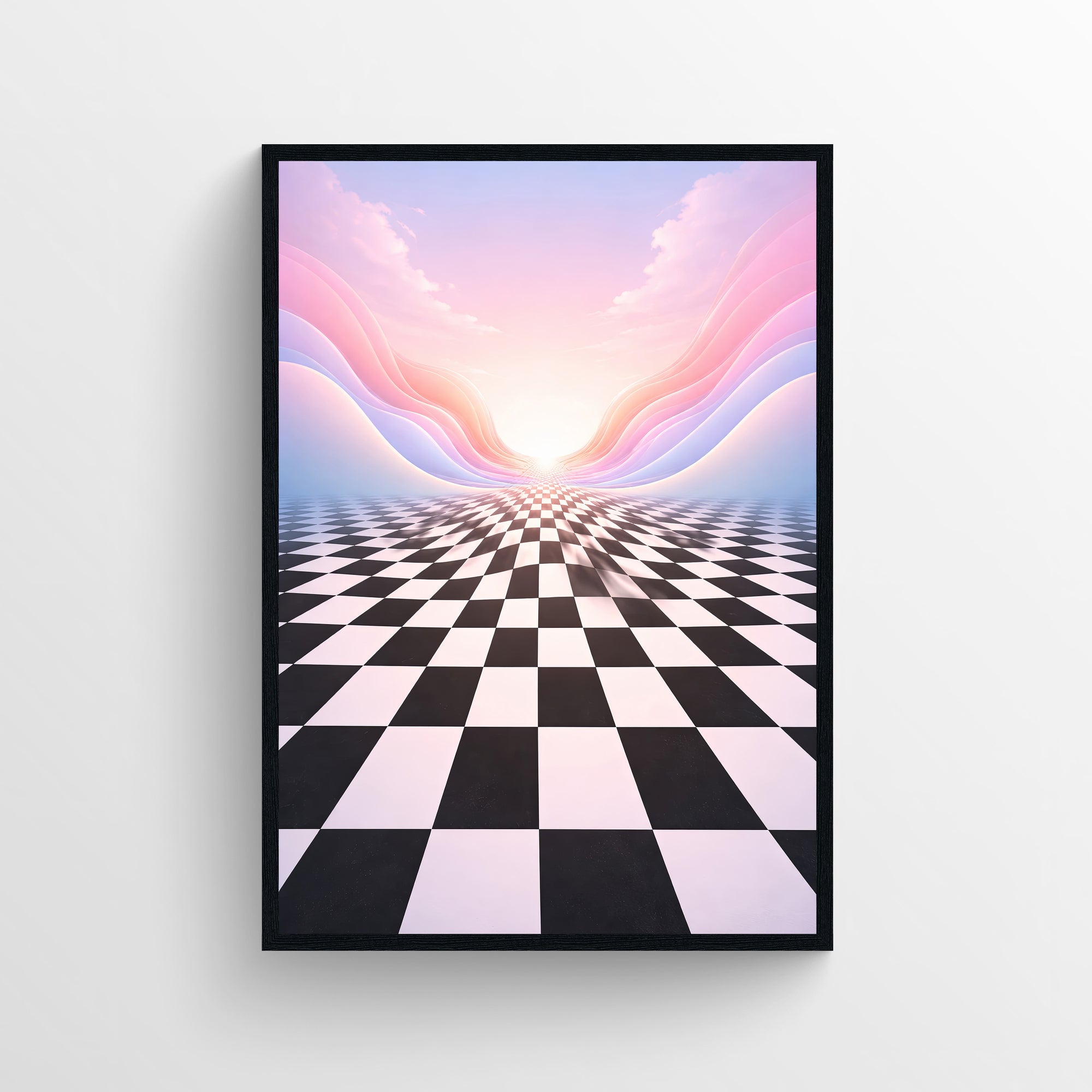 Trippy wall poster with a surreal checkerboard floor fading into a glowing pastel horizon, paired with flowing abstract color waves — modern aesthetic room decor and surreal art print for college rooms, apartments, and creative studios by CollegeWares.
