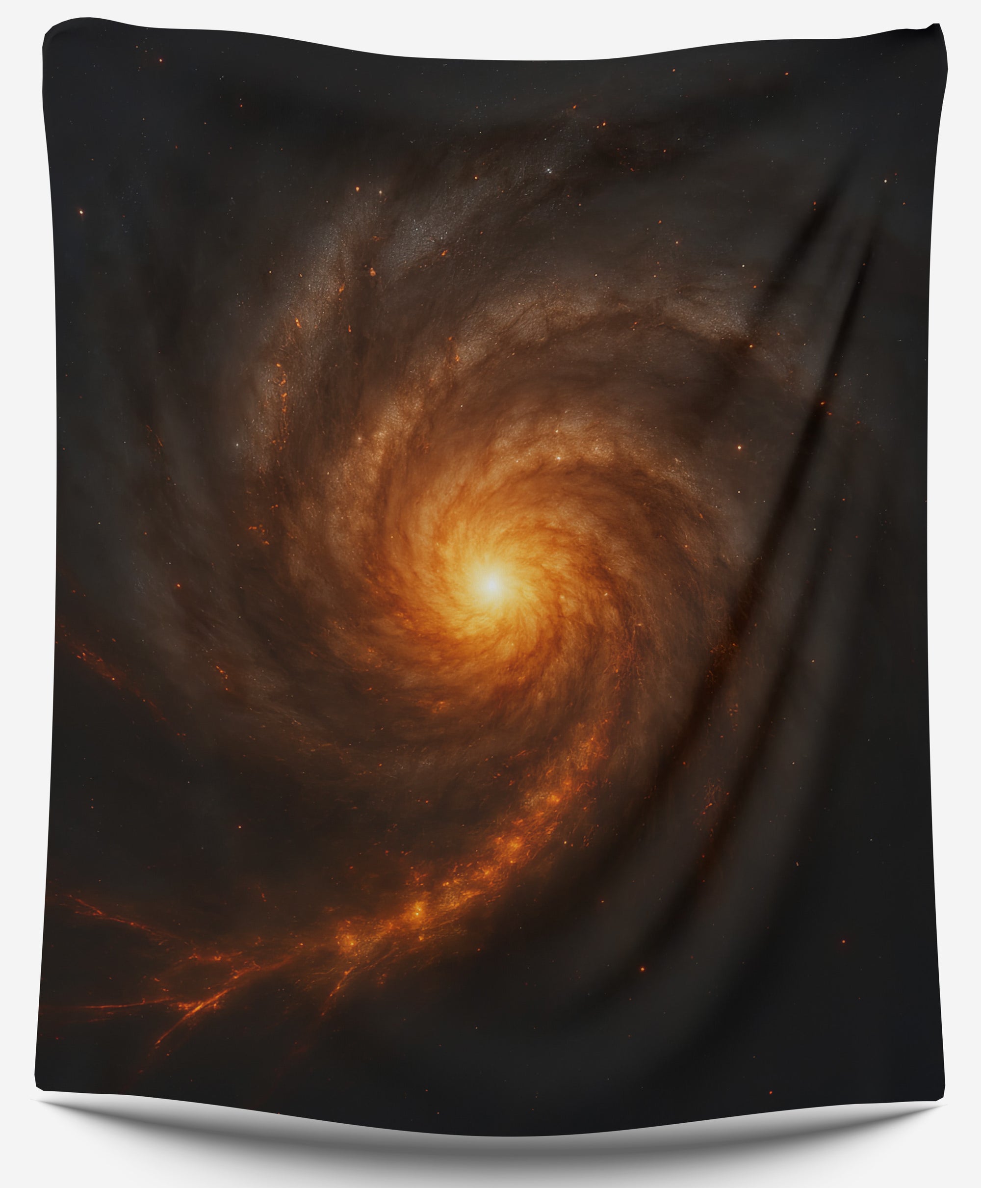 Golden galaxy spiral tapestry, glowing cosmic fire wall art by CollegeWares.