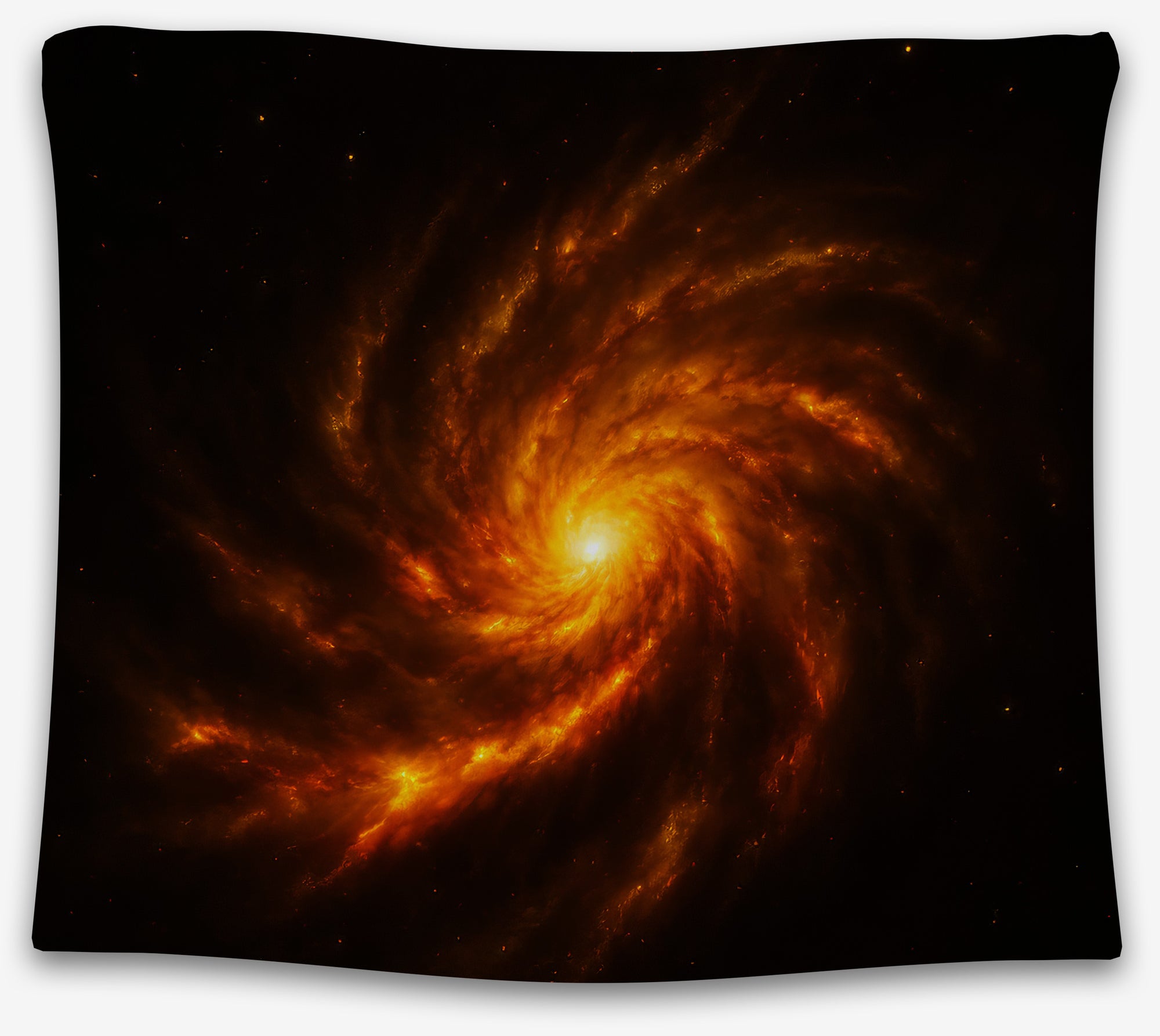 Fiery spiral galaxy tapestry with glowing orange and gold light, perfect space dorm tapestry or cosmic wall hanging by CollegeWares.