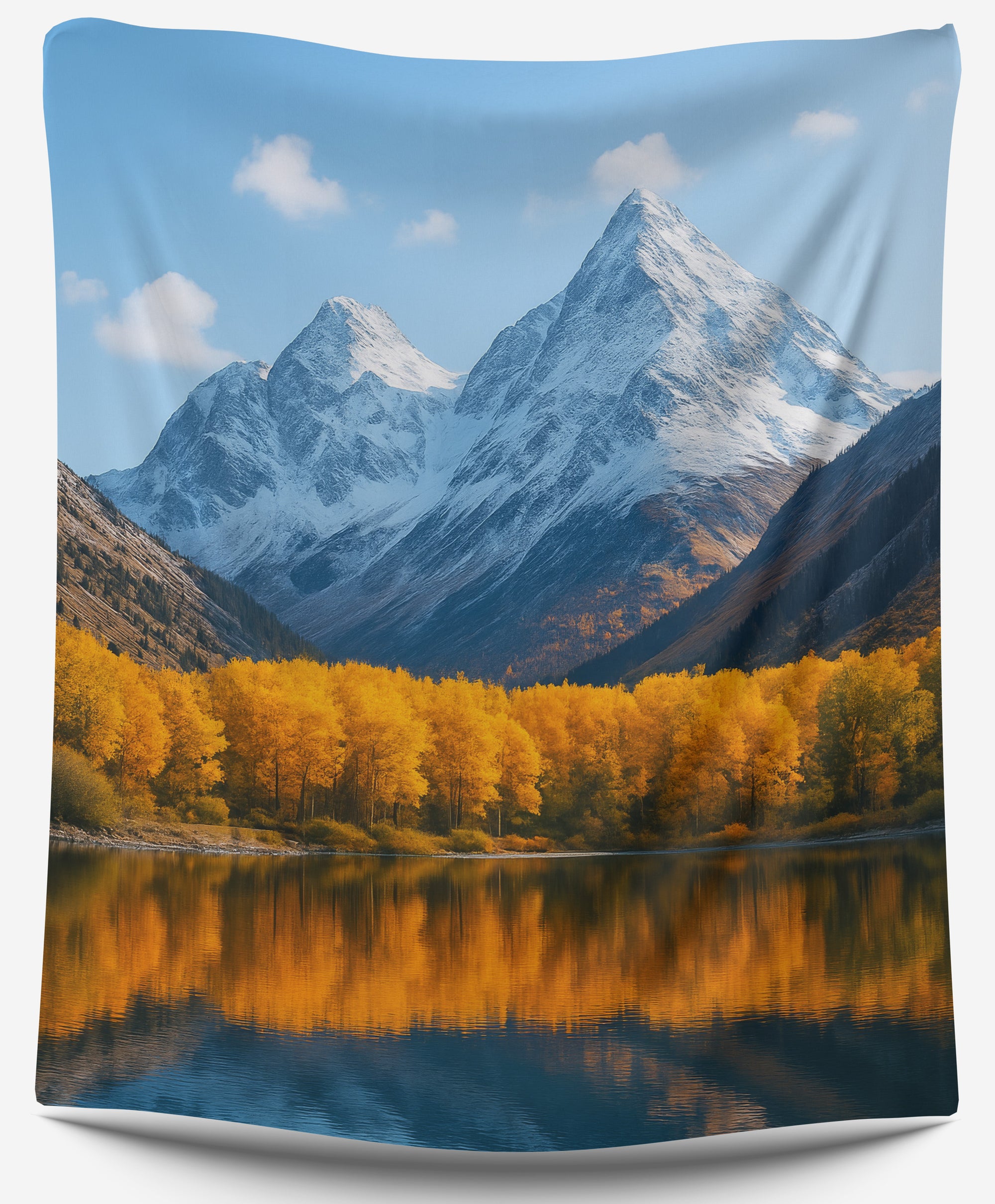 Snowy mountains and golden fall trees reflected in a lake, scenic nature dorm tapestry for cozy college wall decor by CollegeWares.