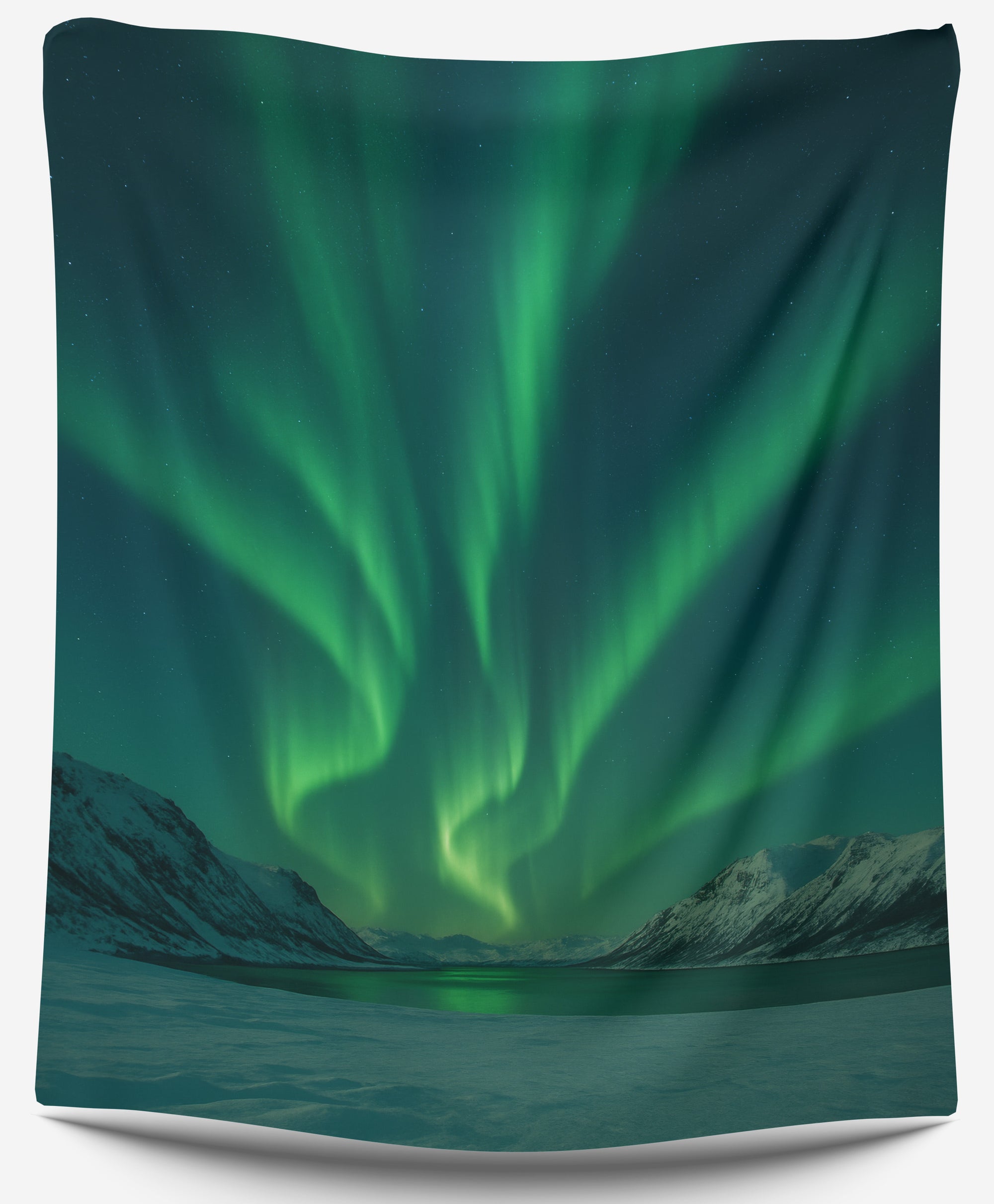 Green northern lights over snowy mountains and frozen lake, vibrant aurora dorm tapestry for cosmic college wall decor by CollegeWares.