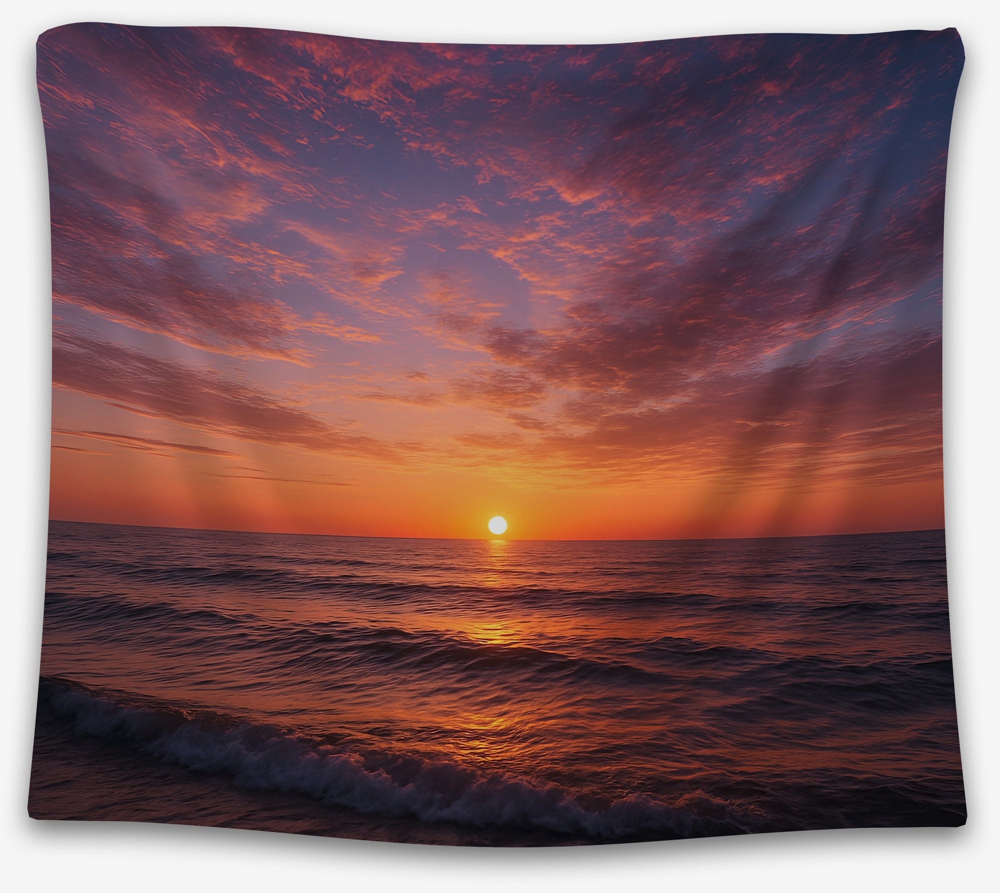 Ocean sunset tapestry with orange sun, violet-blue water, and pink clouds, perfect beach dorm tapestry or coastal wall hanging by CollegeWares.