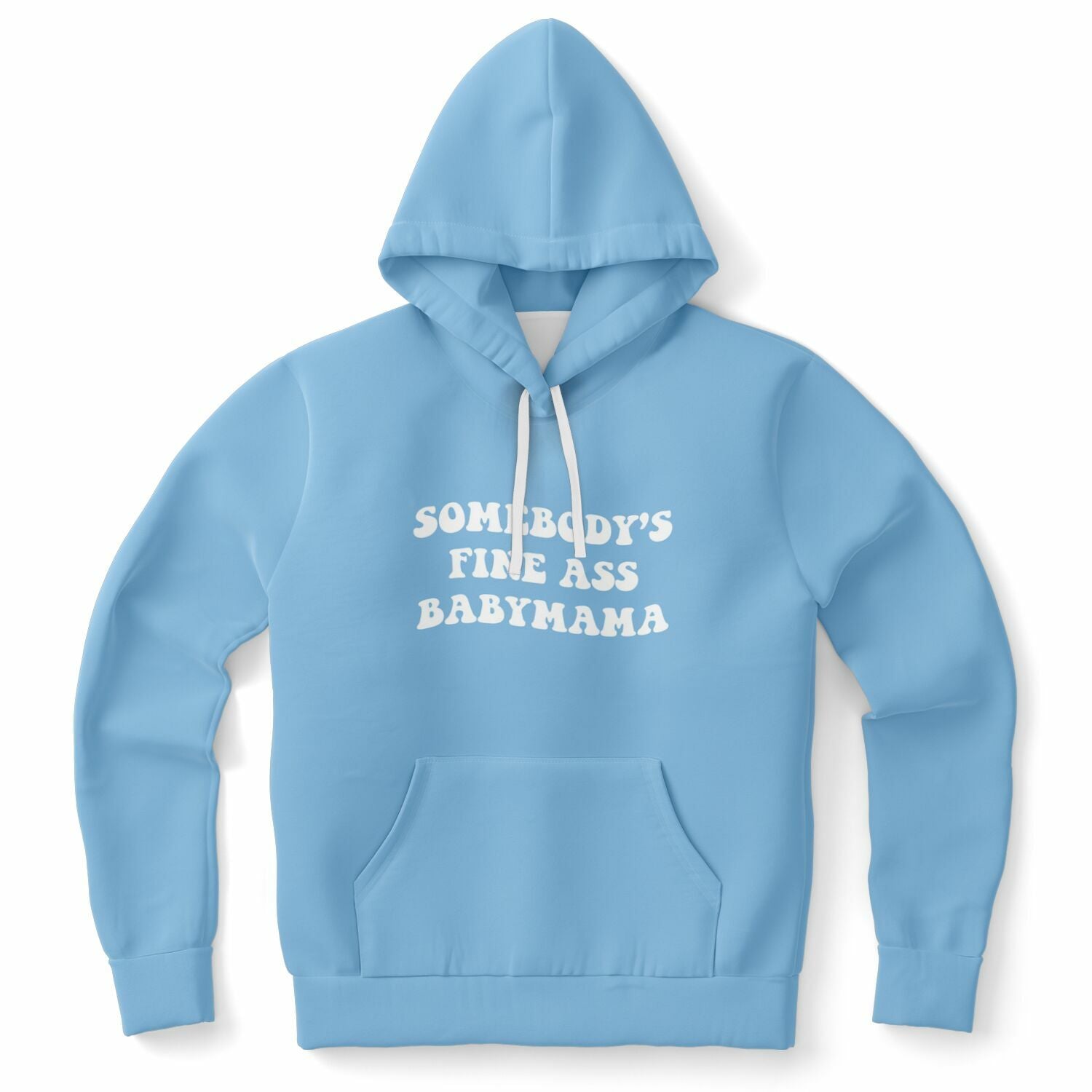 Blue hoodie with bold white bubble text saying “Somebody’s Fine Ass Babymama” — confident, flirty MILF-core from CollegeWares.