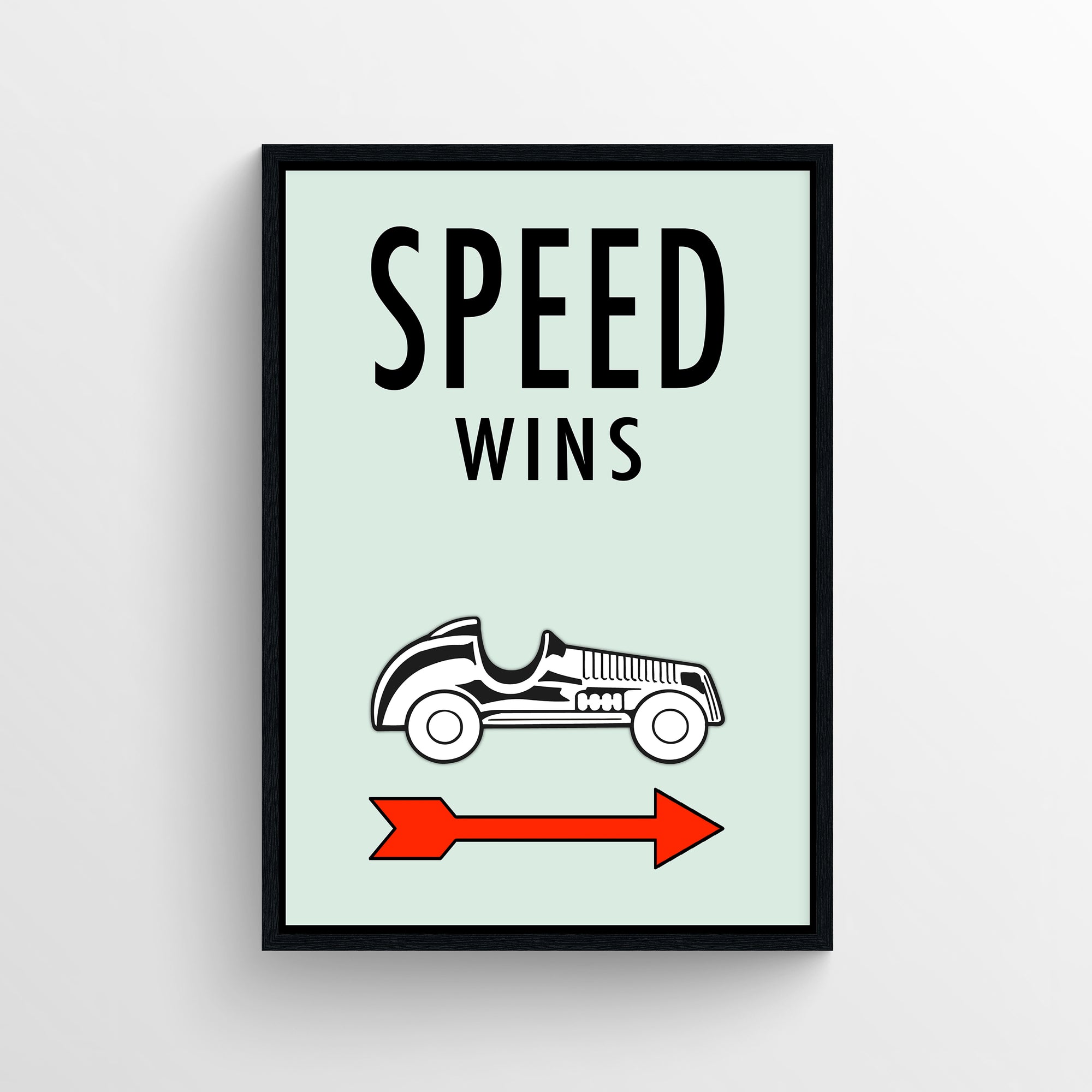 Poster with the bold phrase “Speed Wins” in all-caps black text on a pale mint green background. Below the phrase is a black and white vintage race car graphic facing right, paired with a thick red arrow pointing in the same direction — dynamic, minimalist wall art from CollegeWares with racing-inspired motivation.