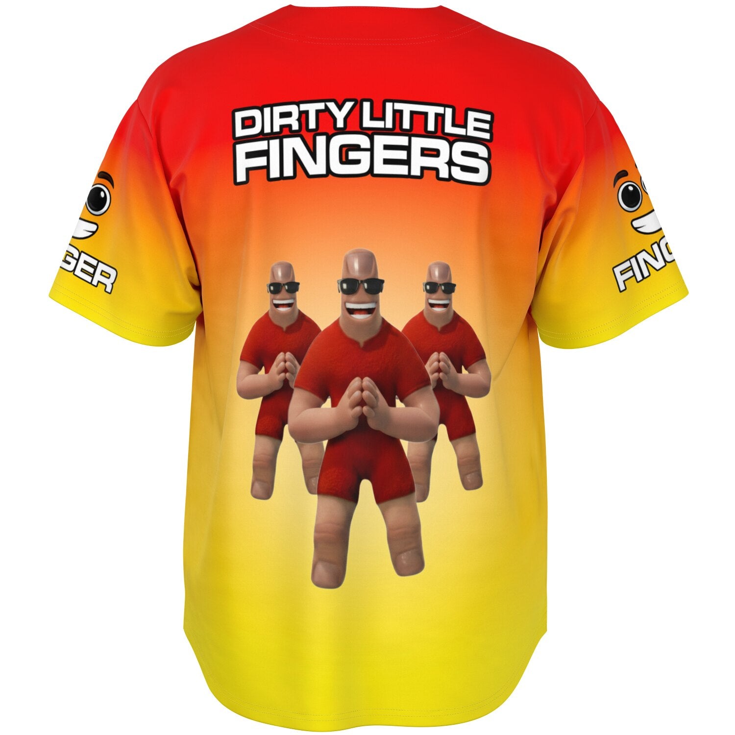 Ghost-mannequin back view of a red-to-yellow gradient EDM baseball jersey showing stacked finger characters and bold lettering — rave merch for rail riders from CollegeWares.