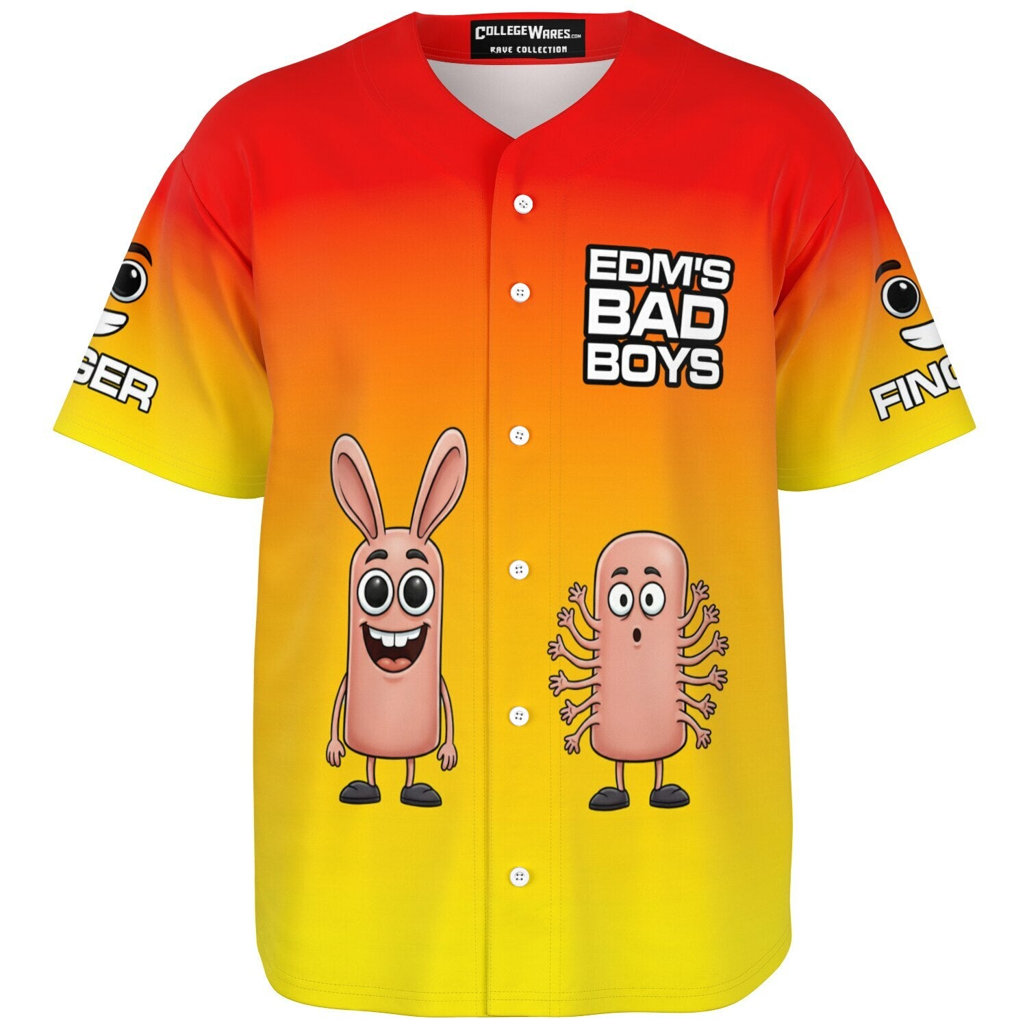 Ghost-mannequin front view of a bright gradient EDM baseball jersey with cartoon finger characters and meme-style text — festival jersey for EDM fans from CollegeWares.