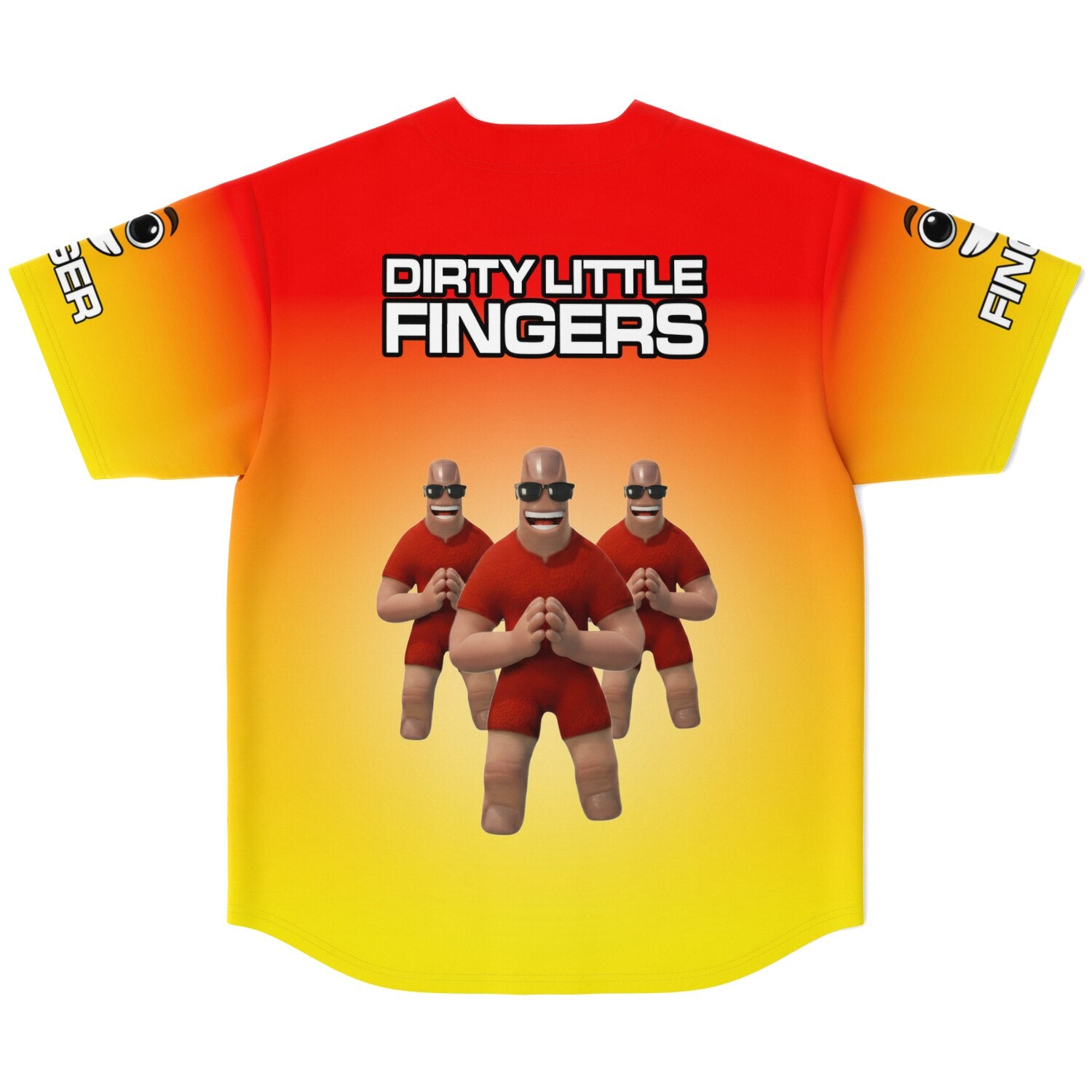 Flat back view of a red-to-yellow gradient EDM baseball jersey featuring bold ‘Dirty Little Fingers’ text and three cartoon finger characters — funny rave merch for bass music fans from CollegeWares.
