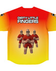 Flat back view of a red-to-yellow gradient EDM baseball jersey featuring bold ‘Dirty Little Fingers’ text and three cartoon finger characters — funny rave merch for bass music fans from CollegeWares.