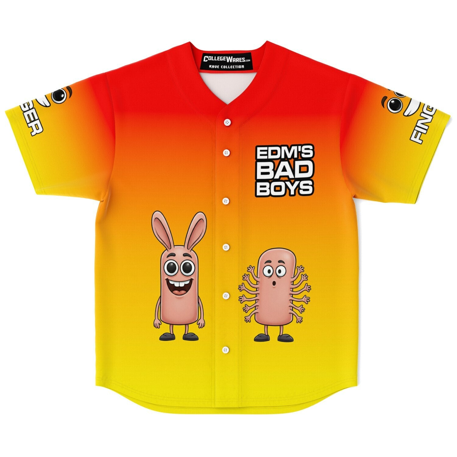 Flat front view of a red-orange-yellow EDM baseball jersey with ‘EDM’s Bad Boys’ text and two cartoon finger characters on a baseball silhouette — festival clothing for college EDM fans from CollegeWares.