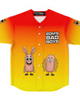 Flat front view of a red-orange-yellow EDM baseball jersey with ‘EDM’s Bad Boys’ text and two cartoon finger characters on a baseball silhouette — festival clothing for college EDM fans from CollegeWares.