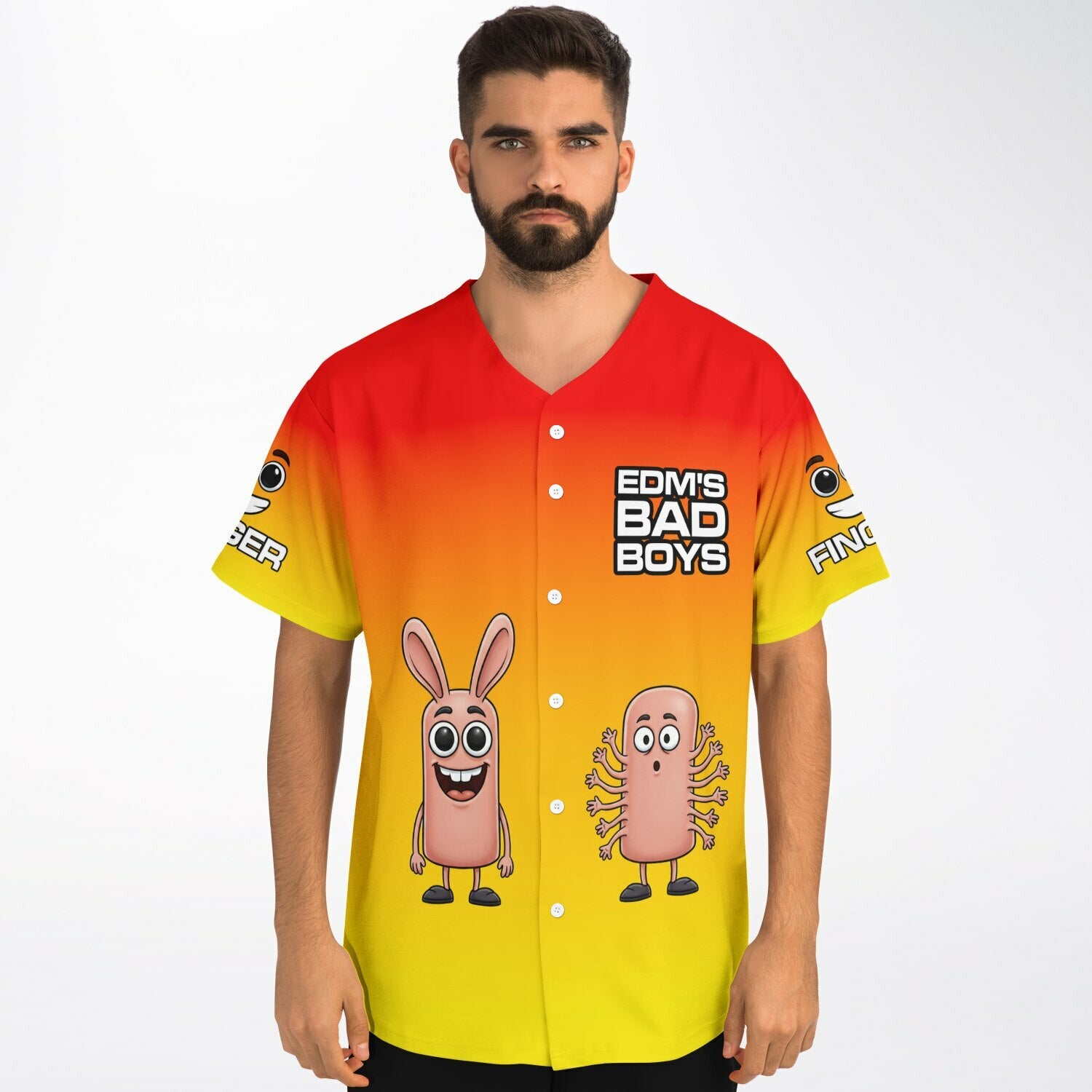 Front angle of a red-to-yellow gradient EDM baseball jersey worn by a model with cartoon finger graphics and bold festival text — funny festival clothing for college ravers from CollegeWares.