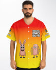 Front angle of a red-to-yellow gradient EDM baseball jersey worn by a model with cartoon finger graphics and bold festival text — funny festival clothing for college ravers from CollegeWares.