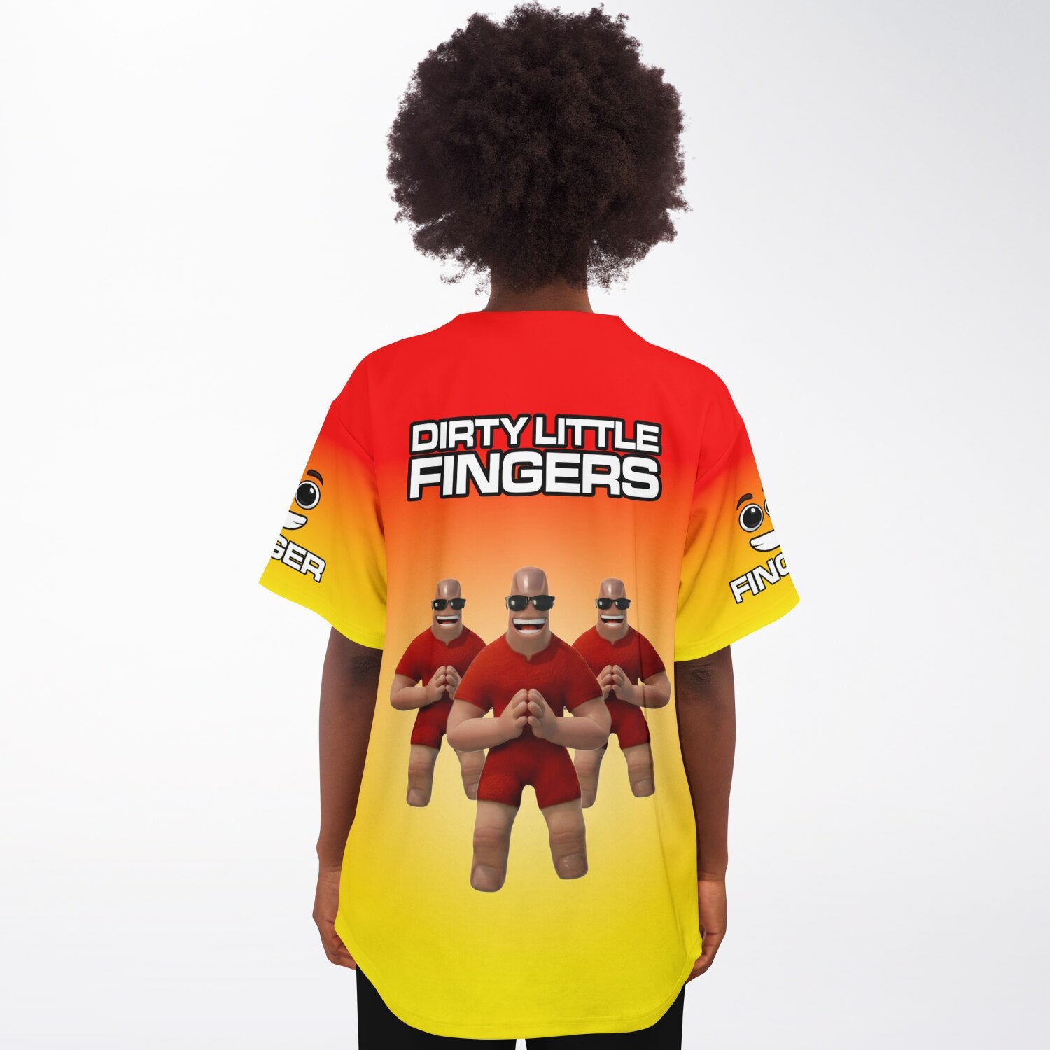 Back view of a red-orange-yellow EDM baseball jersey worn by a model with ‘Dirty Little Fingers’ text and three finger characters — bass music apparel for headbangers from CollegeWares.