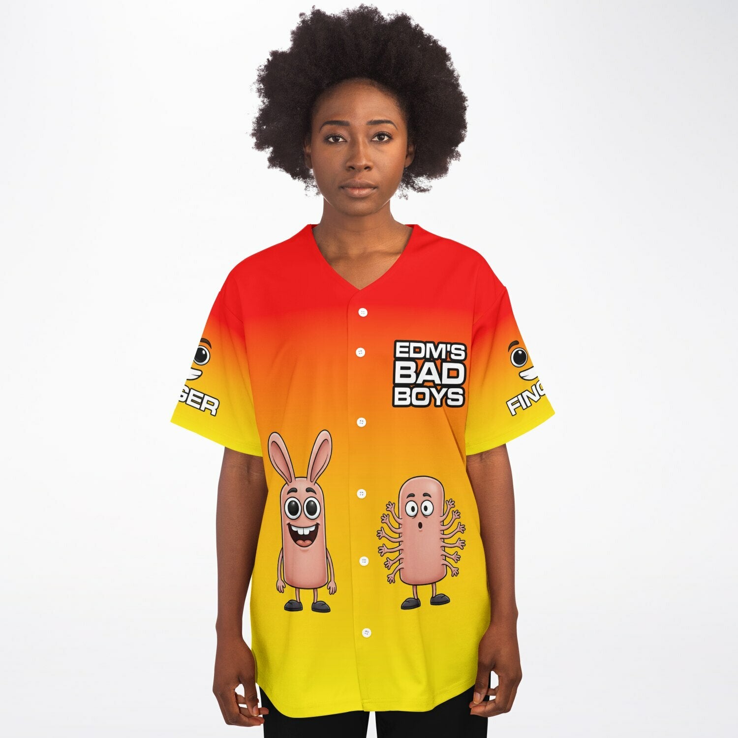 Front view of a red-to-yellow gradient EDM baseball jersey worn by a model, featuring cartoon finger characters and bold meme text — chaotic rave outfit for festival ravers from CollegeWares.